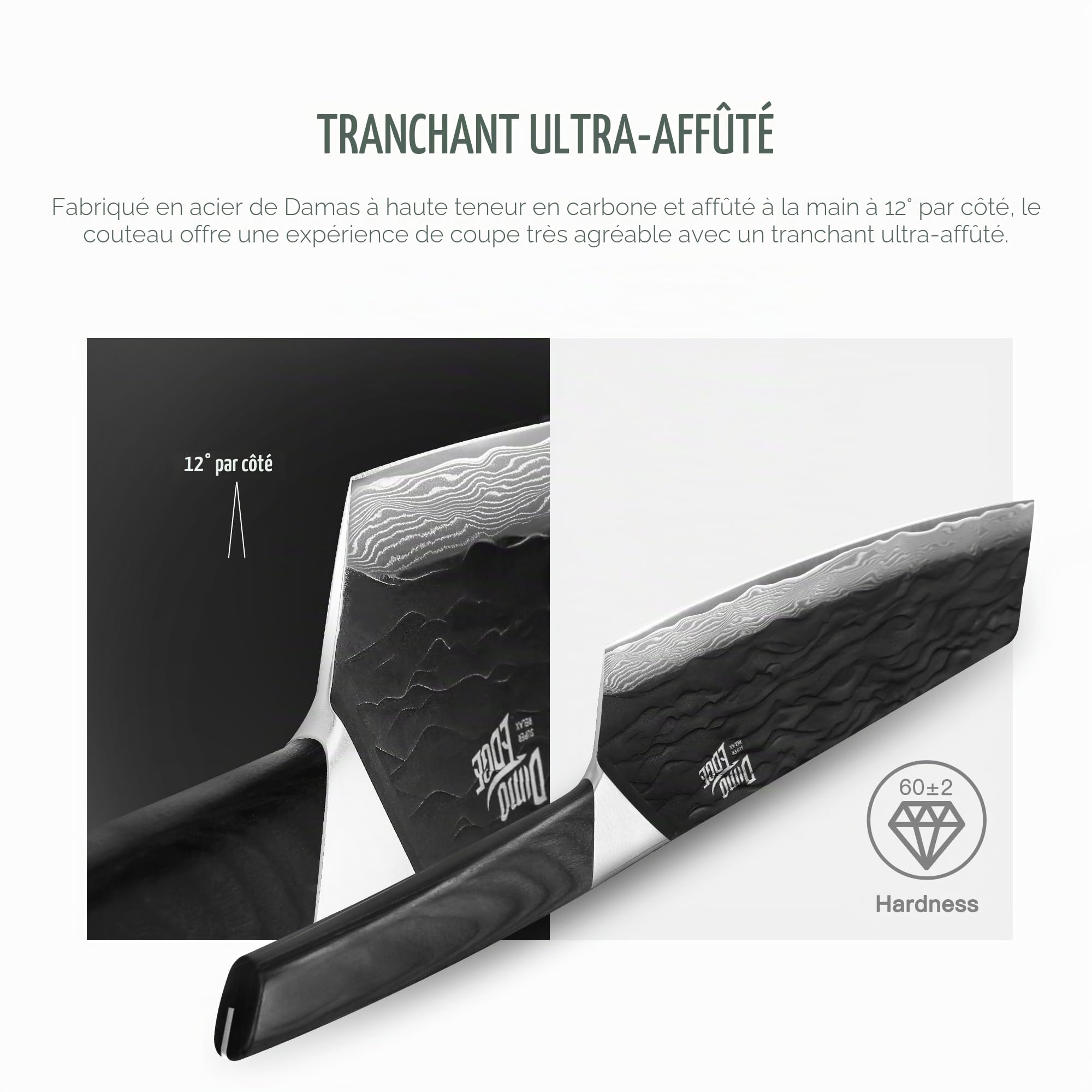 Couteau de chef Damas, 17,8 cm Couteau japonais aiguisé avec lame martelée et manche en pakkawood, couteau bunka professionnel avec coffret cadeau, noir