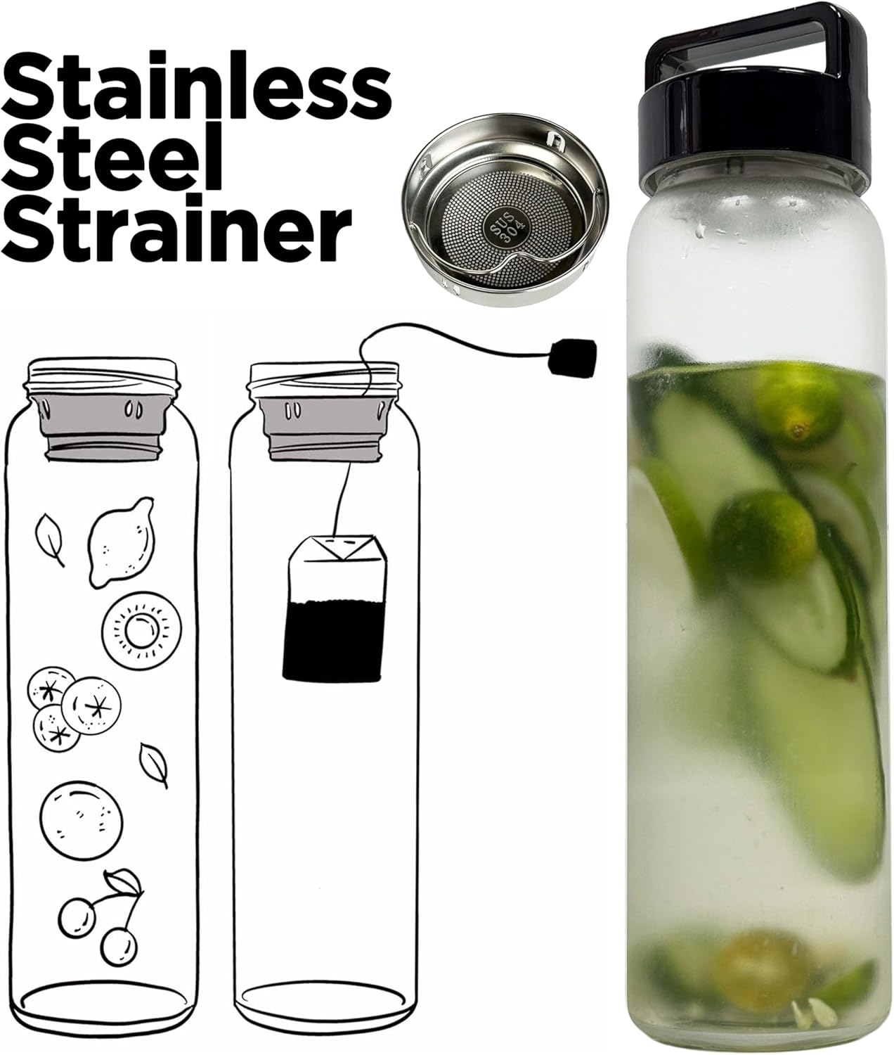 32 oz Clear Glass Water Bottle | Cold Brew Fruit Infuser Water Bottle (Black Lid) - Image 3