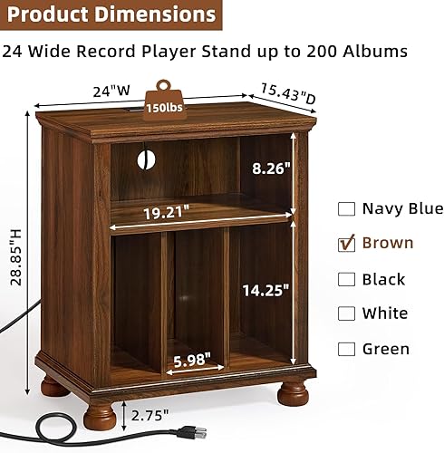 Miniatura 2 de Soporte para tocadiscos con estación de carga de hasta 200 álbumes, mesa de tocadiscos de mediados de siglo de 24 pulgadas de ancho con