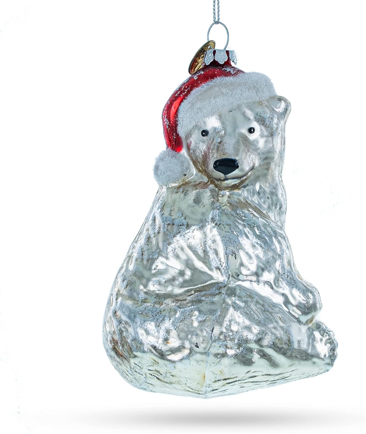 Polar Bear in Santa Hat Glass Christmas Ornament