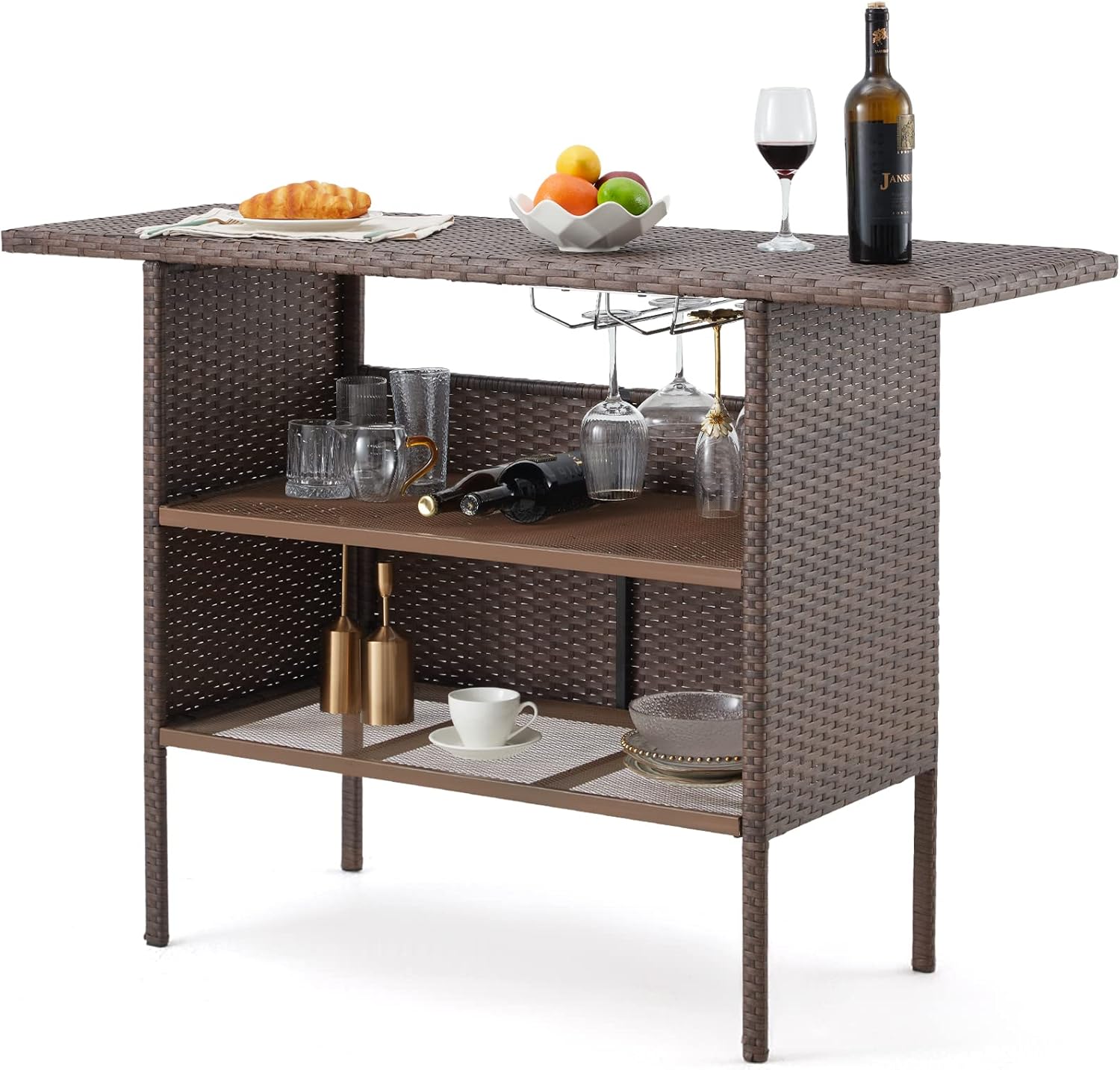 ECOTOUGE Black Wicker Bar Table, Outdoor Patio Console Table Serving Table, Mini Outdoor Bar Patio Counter with Steel Shelves & Hanging Wine Glasses, Ideal for Garden, Backyard