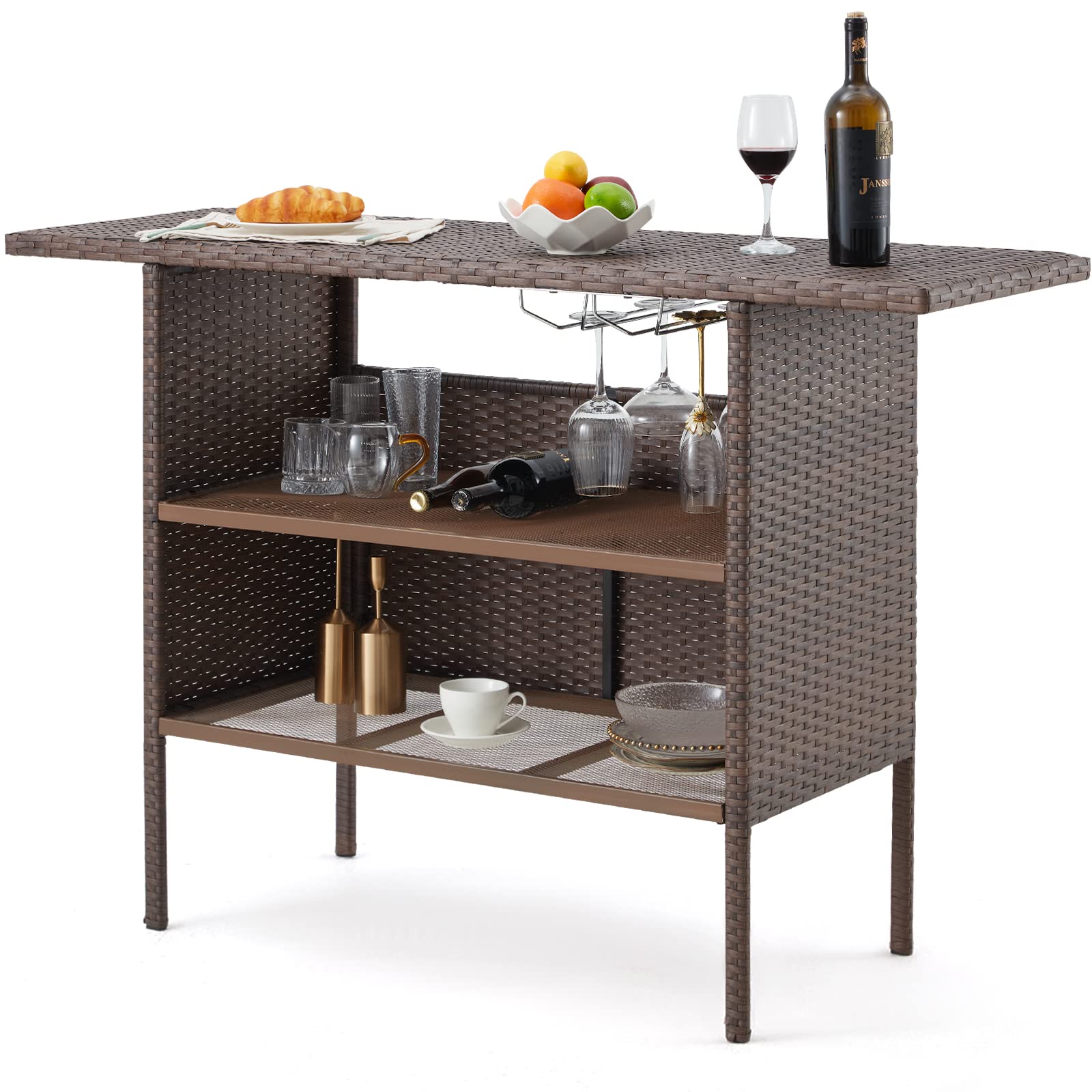 ECOTOUGE Patio Wicker Bar Table, Outdoor Rattan Counter Table with Steel Storage Shelves & Wine Rack for Party, Picnic (Brown)