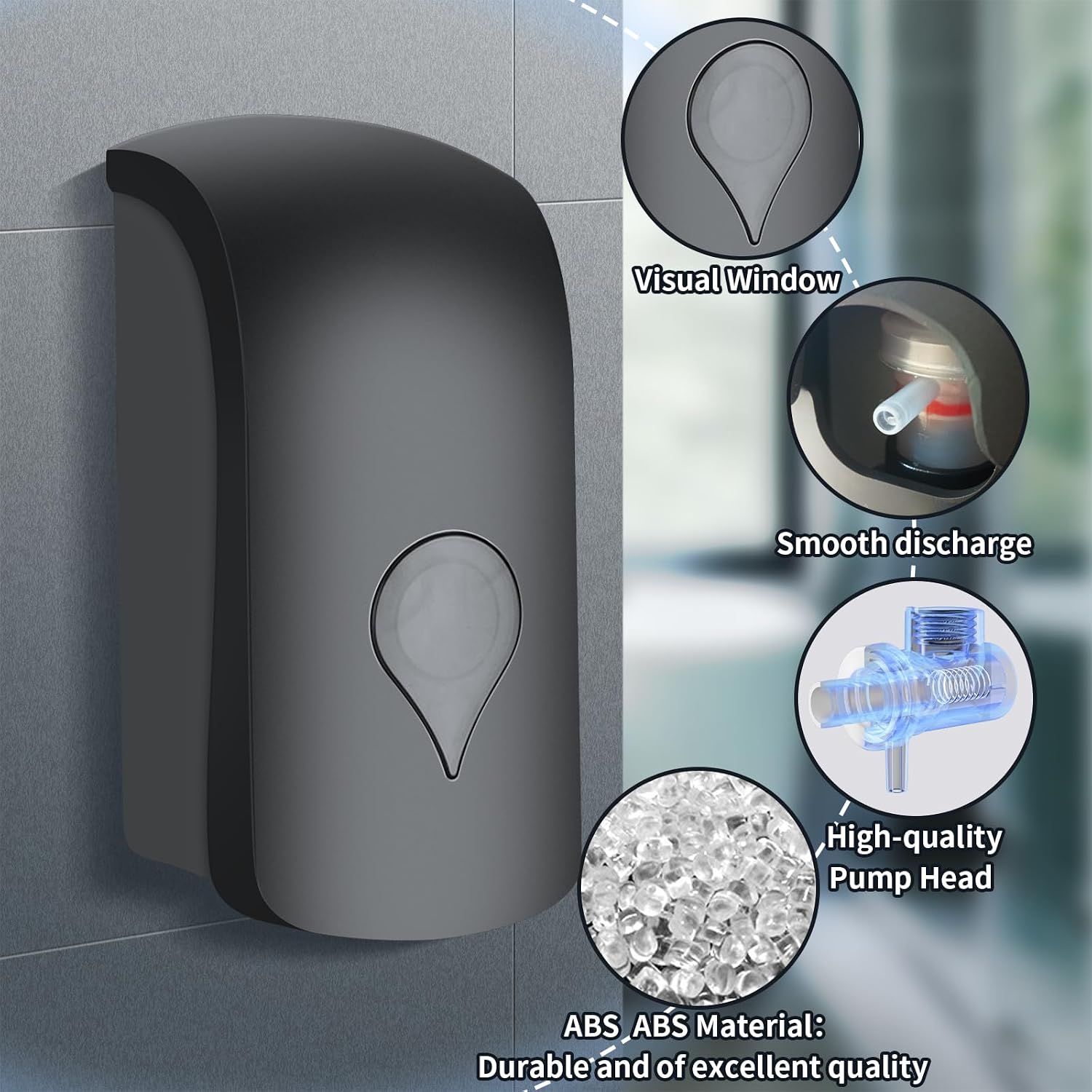 1000ML Soap Dispenser, Wall Mounted Liquid Soap Dispenser, Manual Gel Liquid Shampoo Detergent Container for Bathroom Kitchen Hotel School Office USE HAND SANITISER Sign Stickers (Black)
