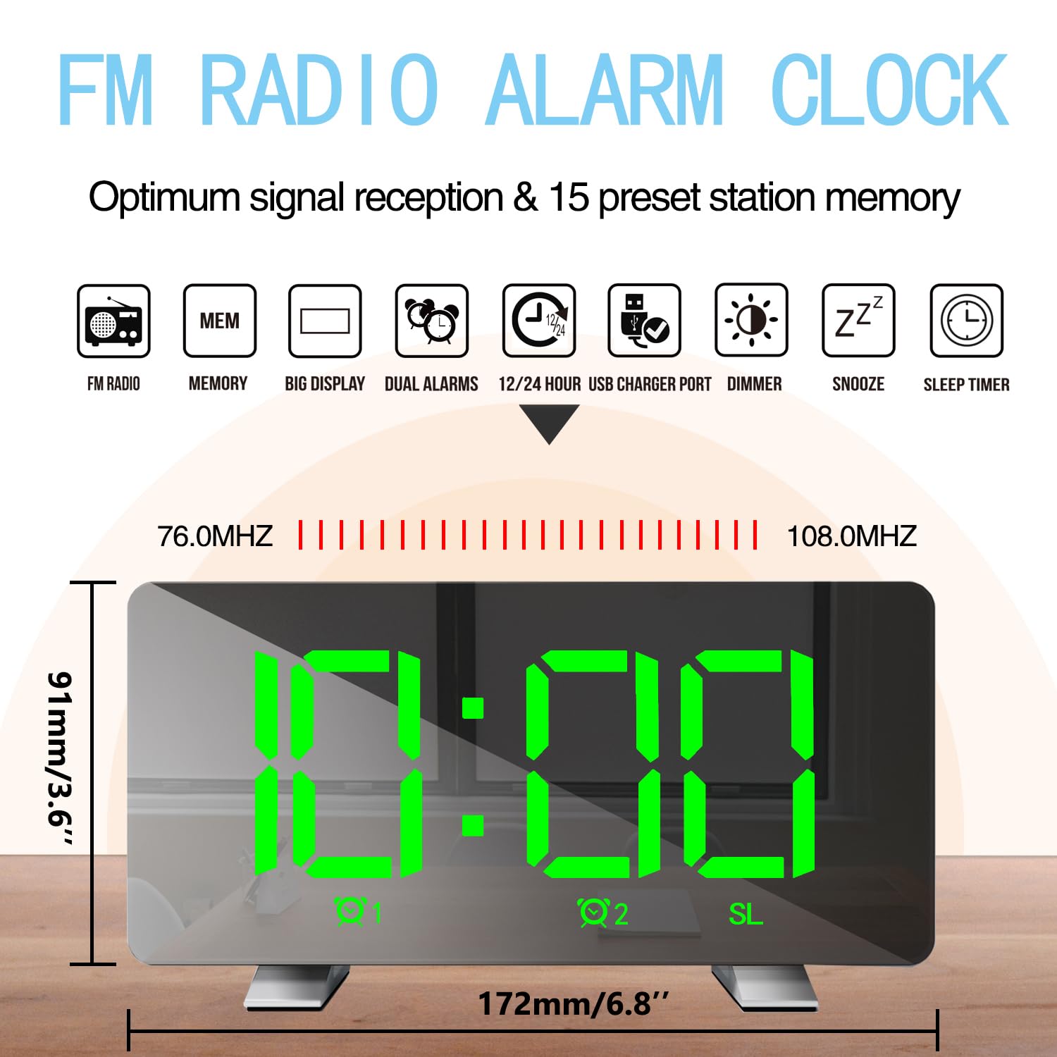 Radiosveglia Digitale Sveglia FM Display LED 3 Livelli di Luminosità Auto Dimmer Volume Regolabile
