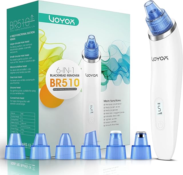 VOYOR Blackhead Remover Vacuum - Electric Vacuum Suction Facial Pore Cleaner Acne Whiteheads Comedone Extractor Kit for Men and Women including 6 Suction Heads and 5 Suction Levels BR510