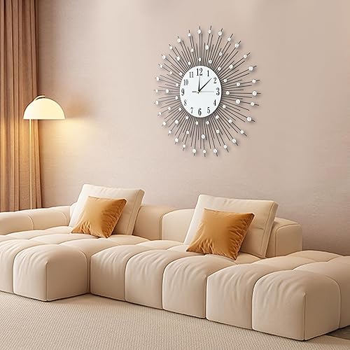 Miniatura 9 de Reloj de pared moderno con forma de flor de cristal 3D, 23.62 pulgadas, espejo plateado de metal vintage, brillante, con tachuelas de diamantes,