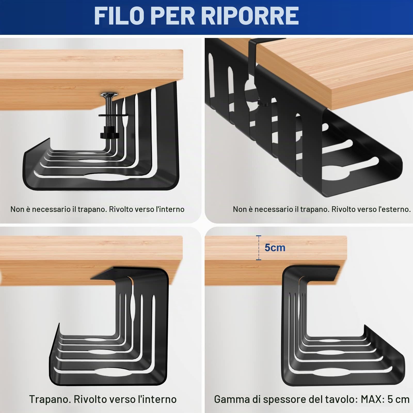 Lannvan Raccogli Cavi Scrivania - Set da 2 Portacavi Sotto Scrivania - Nascondi Cavi Scrivania per la Gestione di Cavi e Prese - 40cm Canalina Passacavi - No Fori da Trapano - Nero