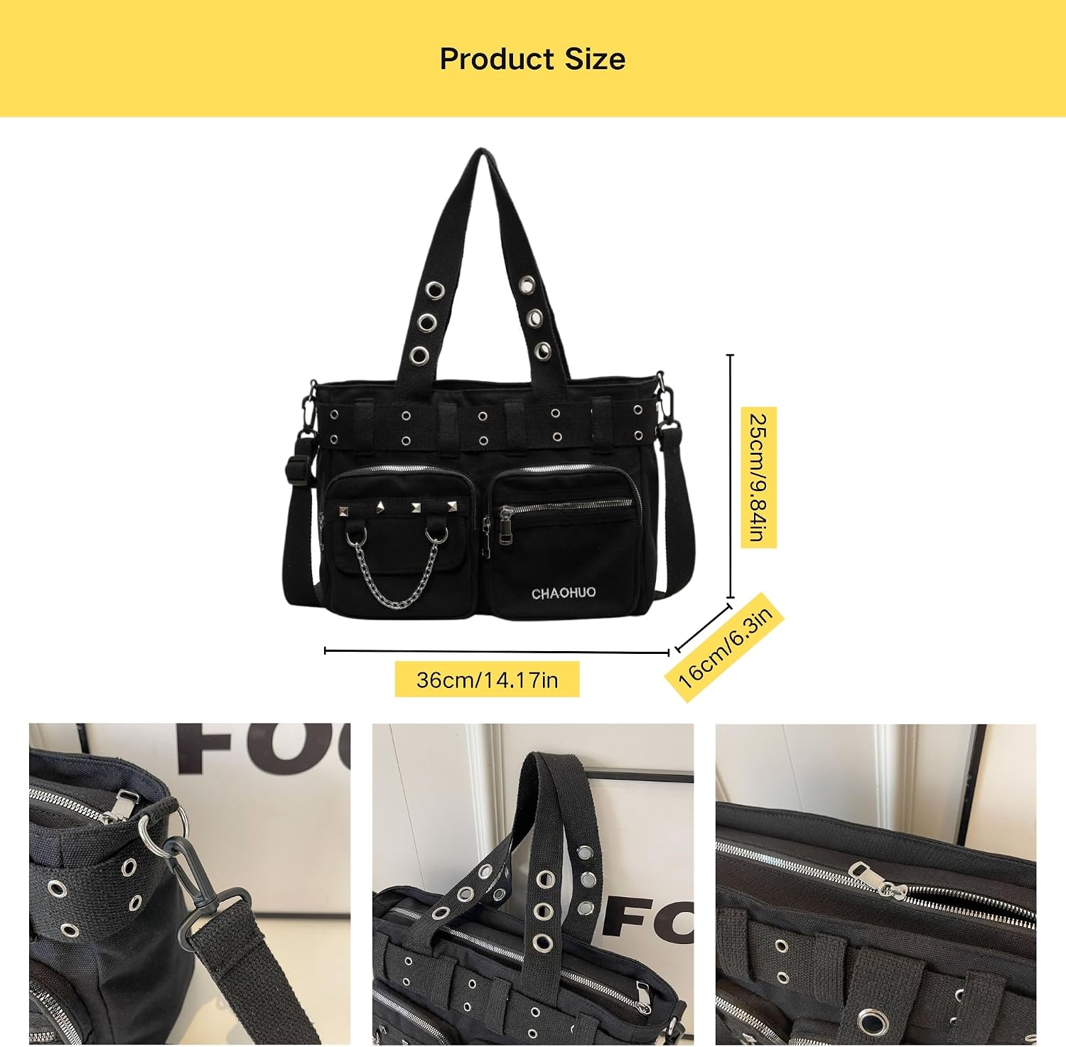 Gothic Tote Bag for Women - Punk Y2K Crossbody Purse, Fashion Grunge Canvas Shoulder Bag for Work & Travel
