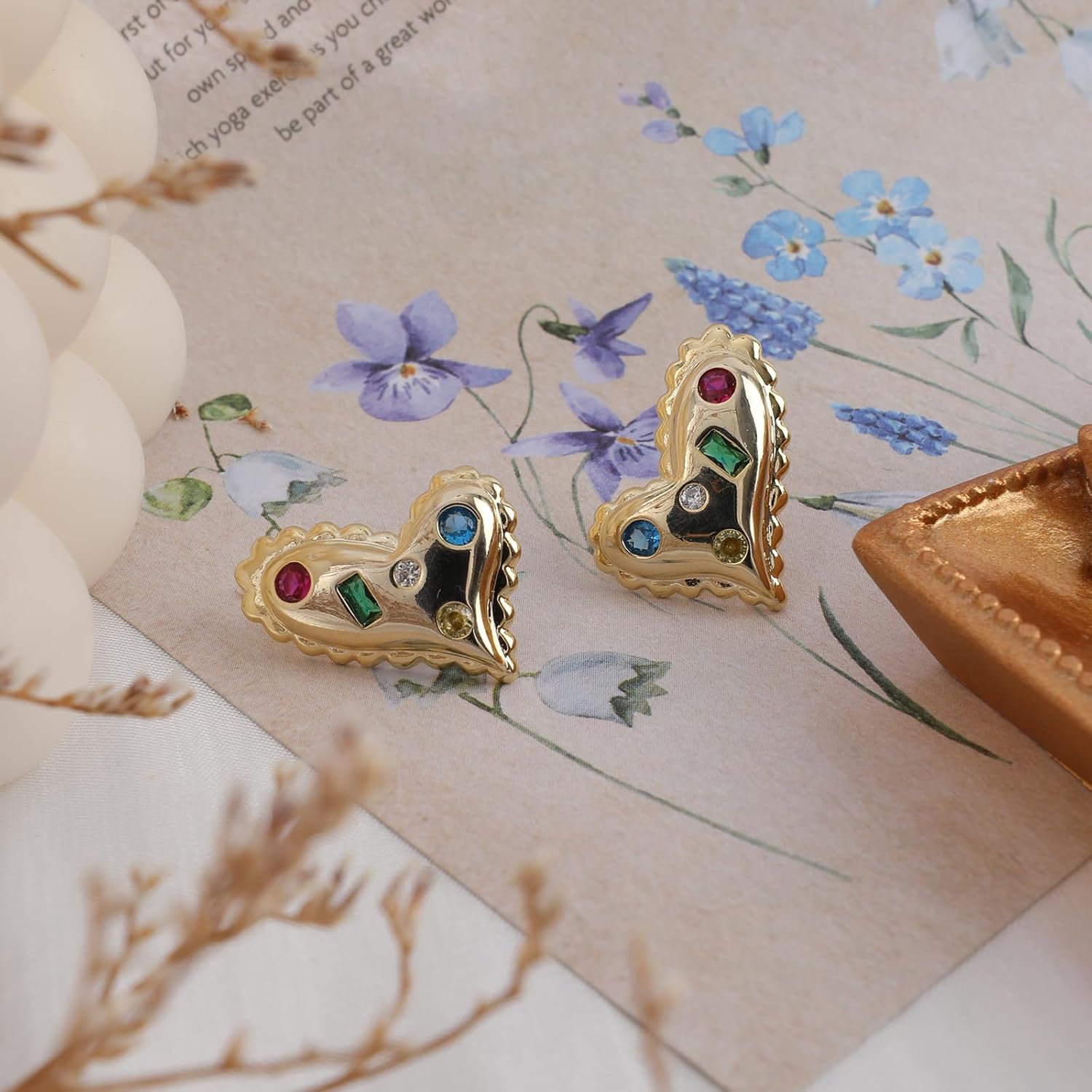 Cute Gold Heart Stud Earrings for Women 14K Gold Plated Dainty Love Heart Stud Earrings with Colorful Rhinestone Elegant Tiny Crystal Gold Heart Statement Earrings Trendy Jewelry Gift for Her - Image 5