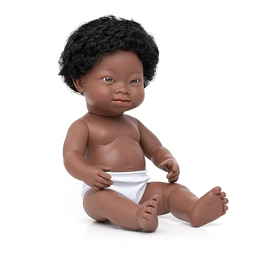 Miniatura 1 de Miniland Muñeca Niño Africano de 15" con Síndrome de Down (Polybag) - Hecho en España, Anatómicamente Correcto, Calidad