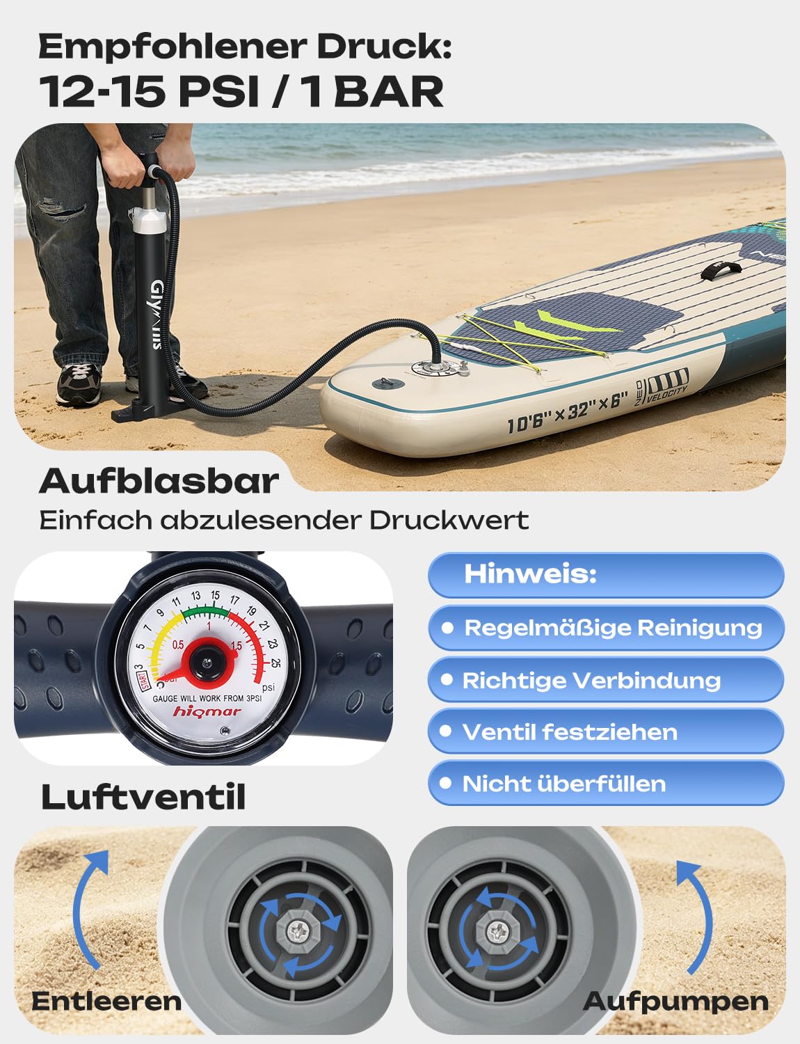 Glymnis SUP Board Stand Up Paddling Board nadmuchiwana deska do paddleboardingu, 10'6", 320 x 81 x 15 cm, grubość 6 cali z aluminiowym wiosłem, pompką powietrza i kompletnym wyposażeniem