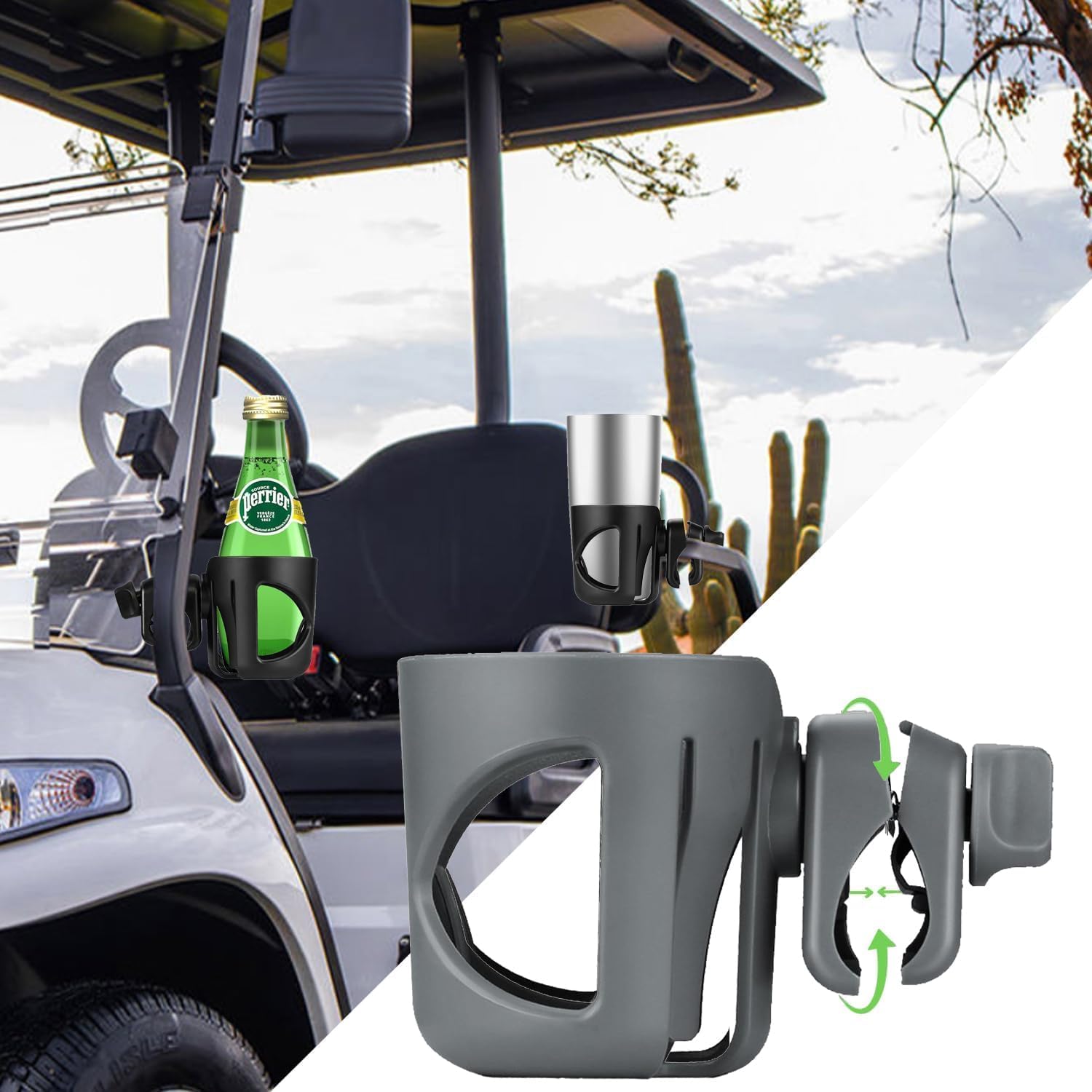 New Golf Cart Cup Holder Compatible with EZGO/Club Car/Yamaha & Most Golf Carts. A Solid Super Secure Fit. 360 Degrees Rotatable. Anti-Shake Spill Resistant. (Black)