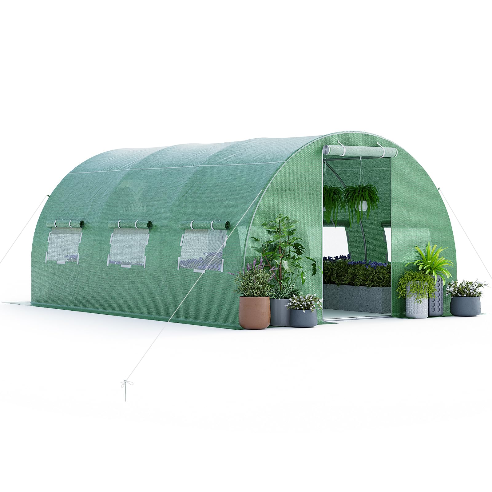 RELAX4LIFE Invernadero tipo túnel grande de jardín, 4 x 3 x 2 m-12 m², sistema de invernadero de acero y polietileno de red, 2 puertas con bisagras y 6 ventanas enrollables, verde