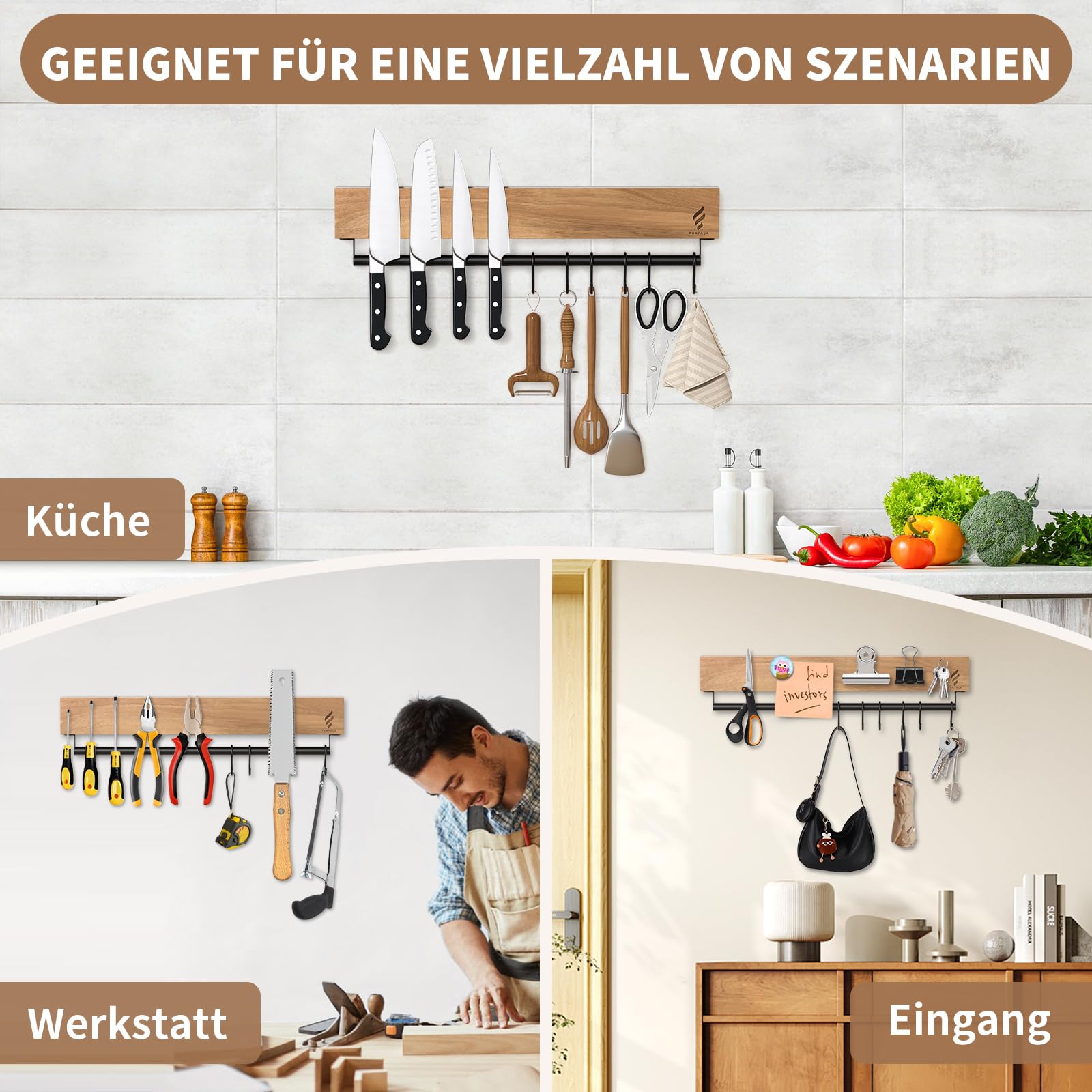 Magnetleiste Messer mit 6 Haken, 40 cm Messerhalter Holz mit Extra Starkem Magnet, Messerhalter Magnetisch für Utensilien und Werkzeuge