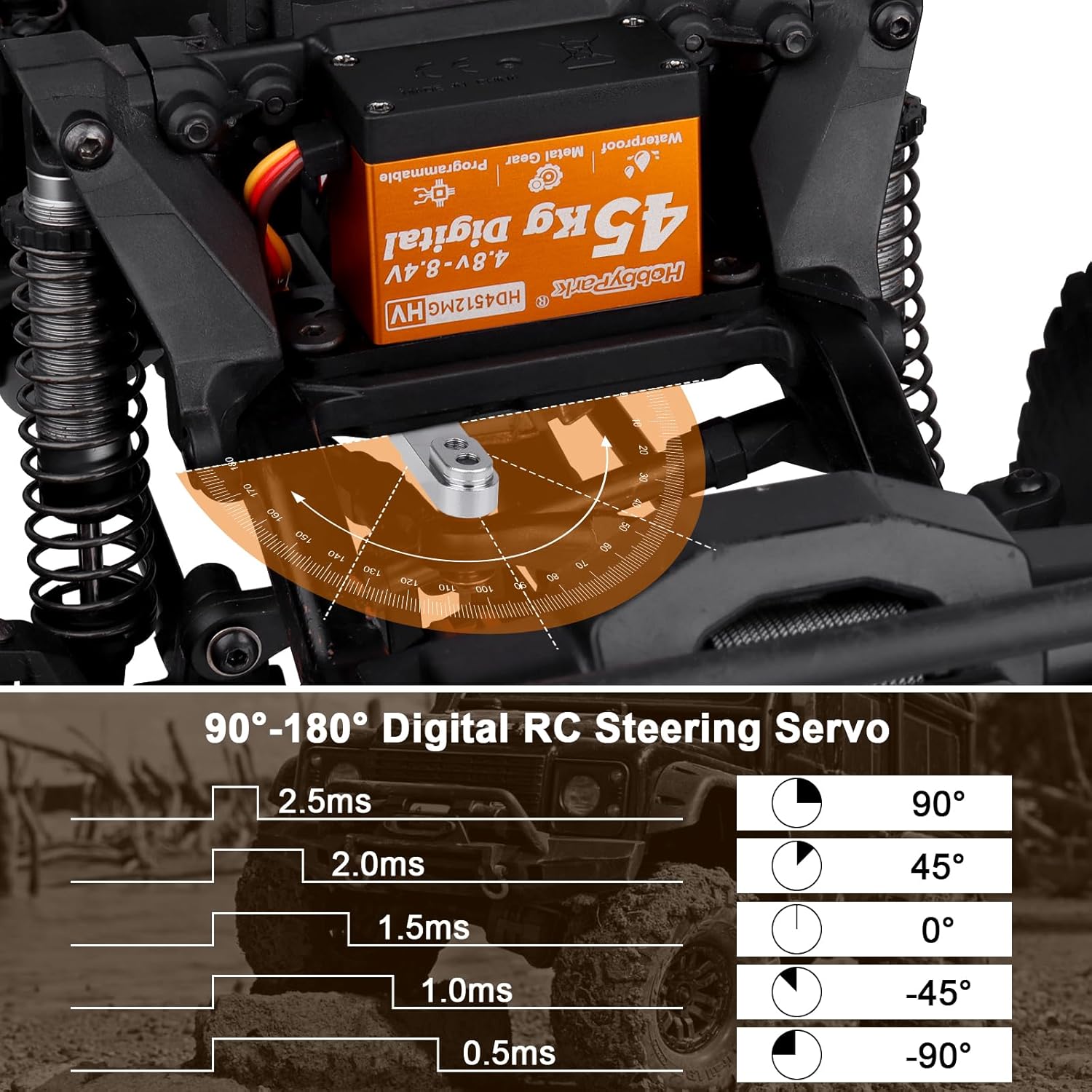 HobbyPark Waterproof High Torque RC Steering Servo 45kg Standard Size HV All Metal Gears 4.8-8.4V for RC Crawler Car Truck Buggy Control Angle 180° Robotic Programmable