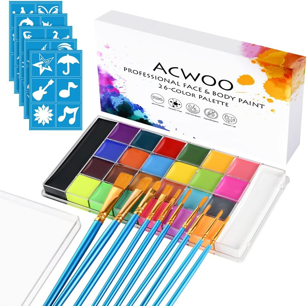 Face Body Paint Set, 26 kleuren Face Paint Kit met 30 Stencils en 10 Houten Borstels, Face Body Paint Palette voor kinderen en Volwassenen, Veilige Niet-giftige Gezichtsverf voor Halloween, Make-up, Party, Cosplay