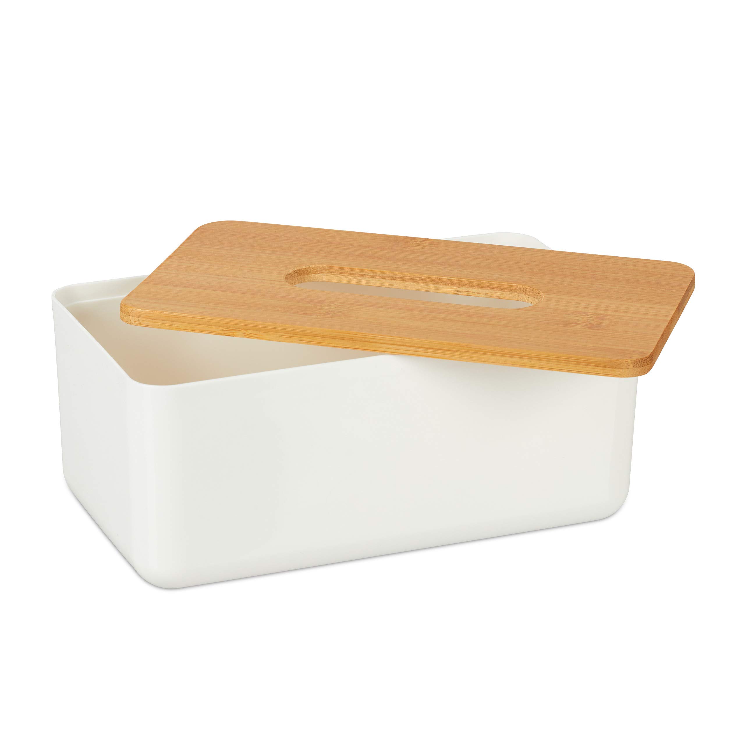 Relaxdays Porta Fazzoletti con Coperchio in bambù, per Bagno, Design Moderno, Plastica, HLP 10x23x13 cm, Bianco/Naturale