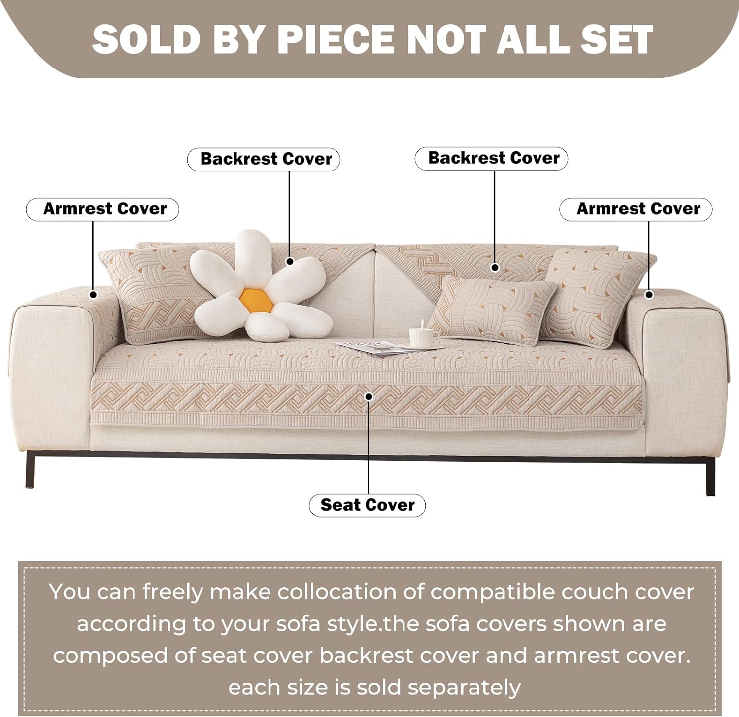 vctops Solid Color Cotton Quilted Sofa Couch Cover Weave Pattern Soft Sectional Couch Covers Embroidery Non-Slip Sofa Slipcover for Dogs, Children, Pets Furniture Protector (Khaki,28"x70")