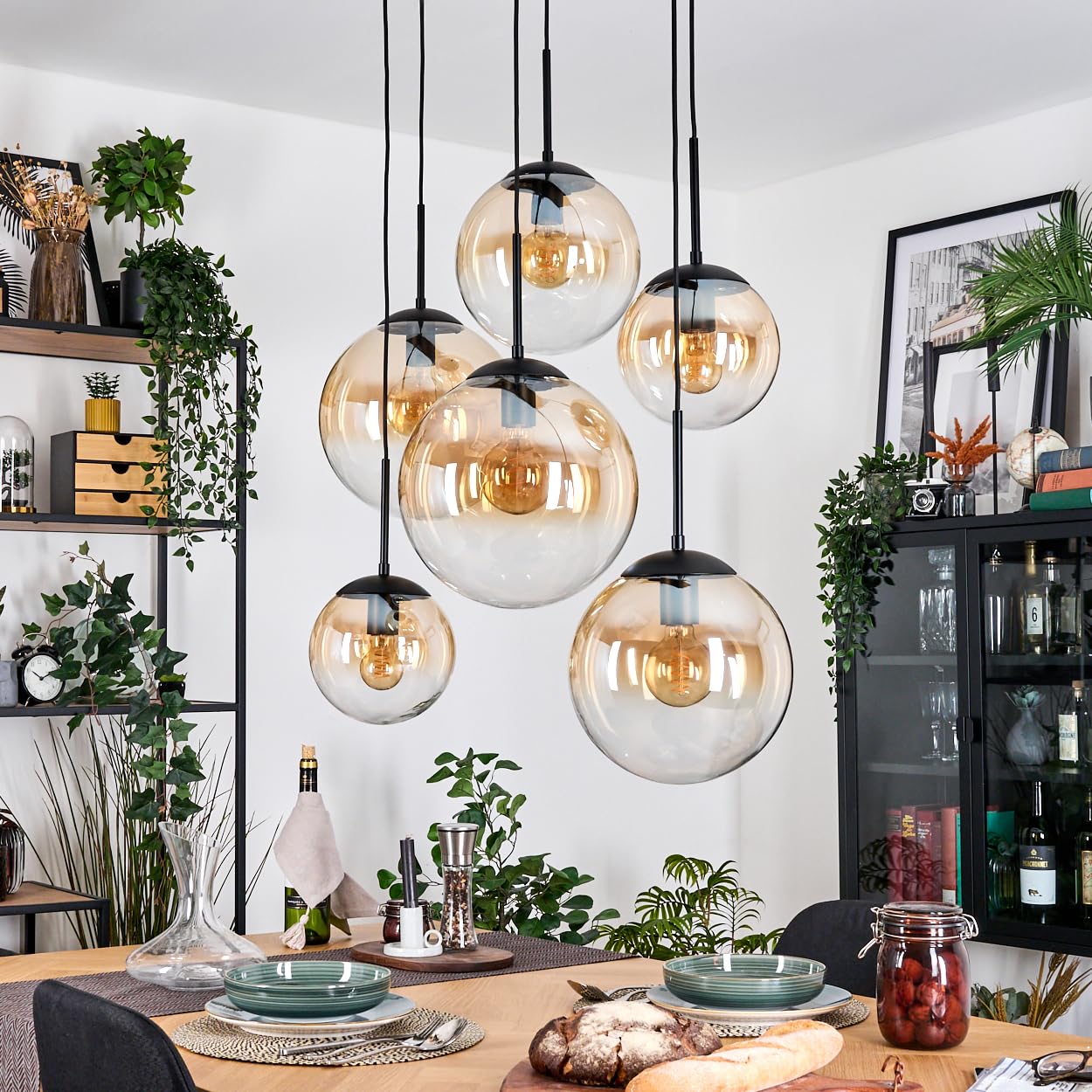 HOFSTEIN Hängeleuchte Gastor, 6-flammige Hängelampe aus Metall/Glas in Schwarz/Bernstein/Klar, moderne Pendelleuchte im Retro/Vintage-Design (Schirme Ø 20; 25; 30cm), E27, Esszimmer, Küche, Wohnzimmer