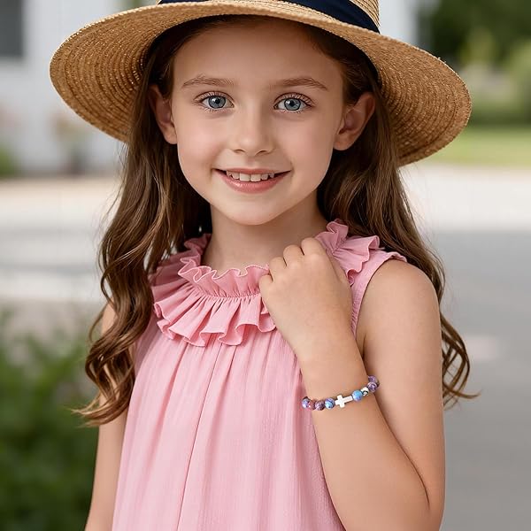Kommunion Geschenke für Mädchen Kreuz Armband - Naturstein Armbänder mit Kreuz für Kinder Jugendlicher, Kinderarmband für Geburtstag Ostern Konfirmation Firmung Erstkommunion Geschenke für Mädchen - 3