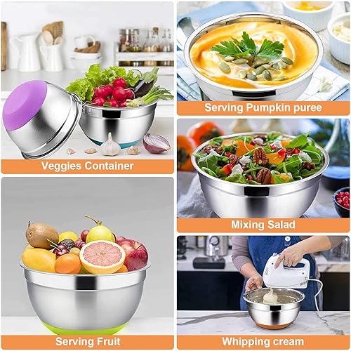 Miniatura 6 de Menbyci 6 cuencos para mezclar con tapas, cuencos de acero inoxidable, fondo antideslizante colorido, incluye utensilios de cocina, juego de cuencos