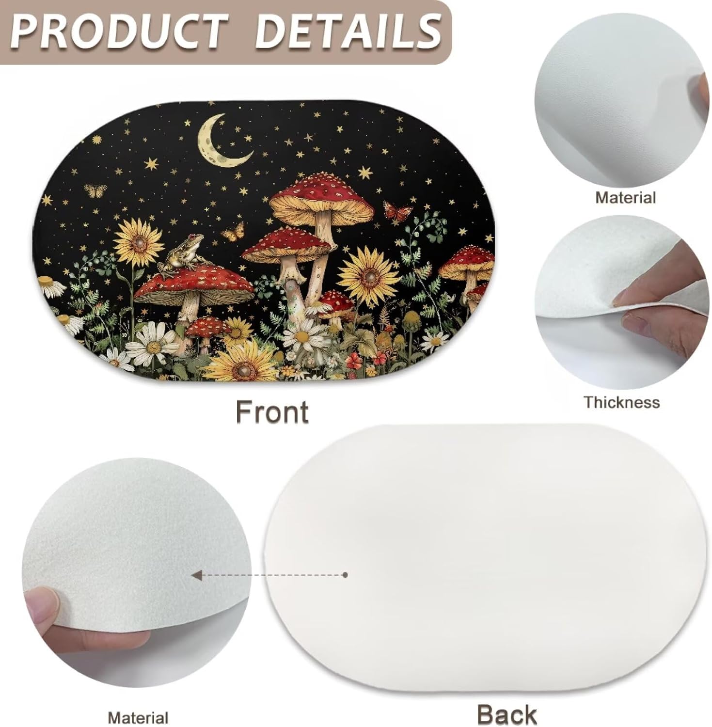 Mushroom Leather Oval Placemats Lavender Butterfly Wipeable Placements Heat Resistant Non-Slip Kitchen Floral Table Mats Essential Palce Mats Suit Outdoor Party