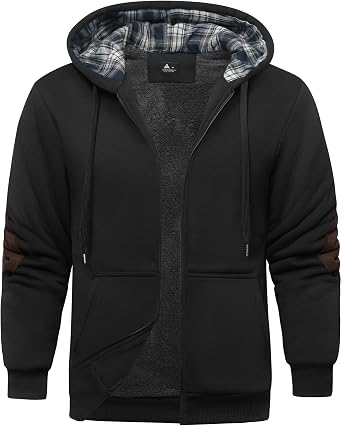 Mens Sherpa Jacket Fleece Lined Zip Up Plaid Hood Heavyweight Sweatshirt Winter Warm Thick Coat with Elbow Patches
