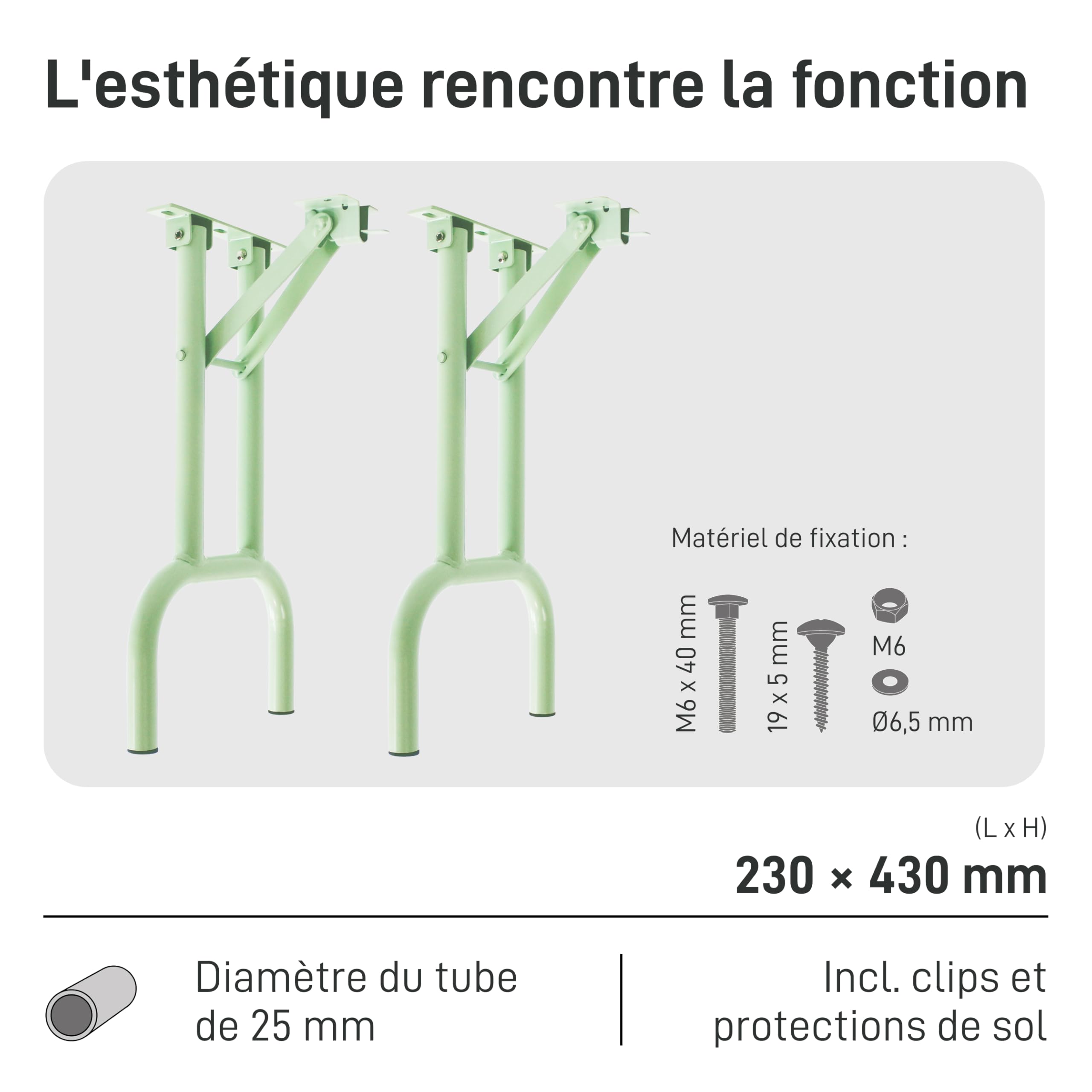 Natural Goods Berlin Lot de 2 pieds de banc pliables en métal vert pastel pour tente à bière (43 cm x 23 cm) – Pieds de banc pour banc à bière – Pieds de banc d'extérieur – Support de banc de jardin,