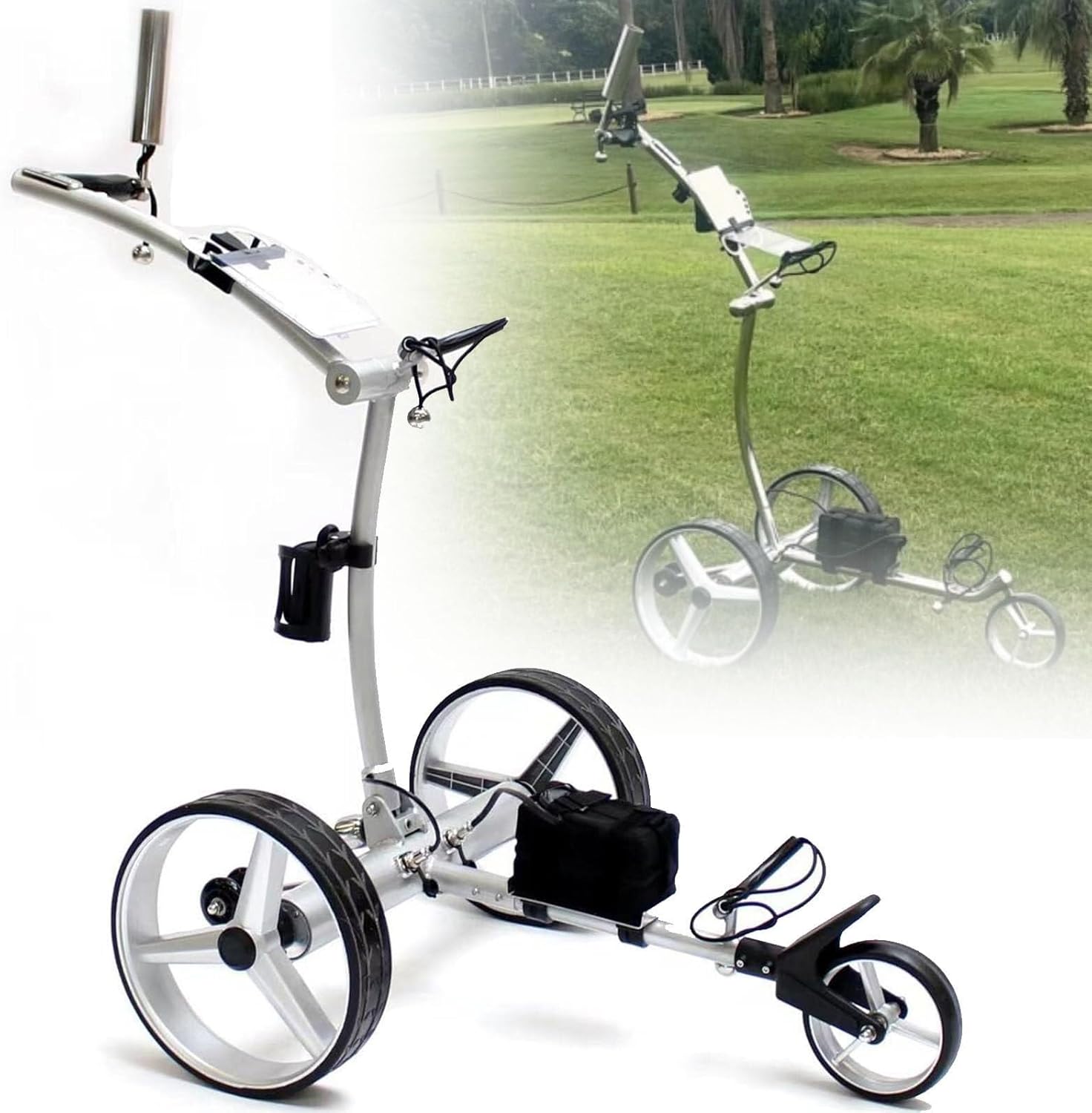 Folding Electric 3 Wheels G-olf Push Cart-Lightweight,12km/h Speed and 30° Climbing Ability, 30kg Load is As Stable As Mount Tai,Holder and Remote Control