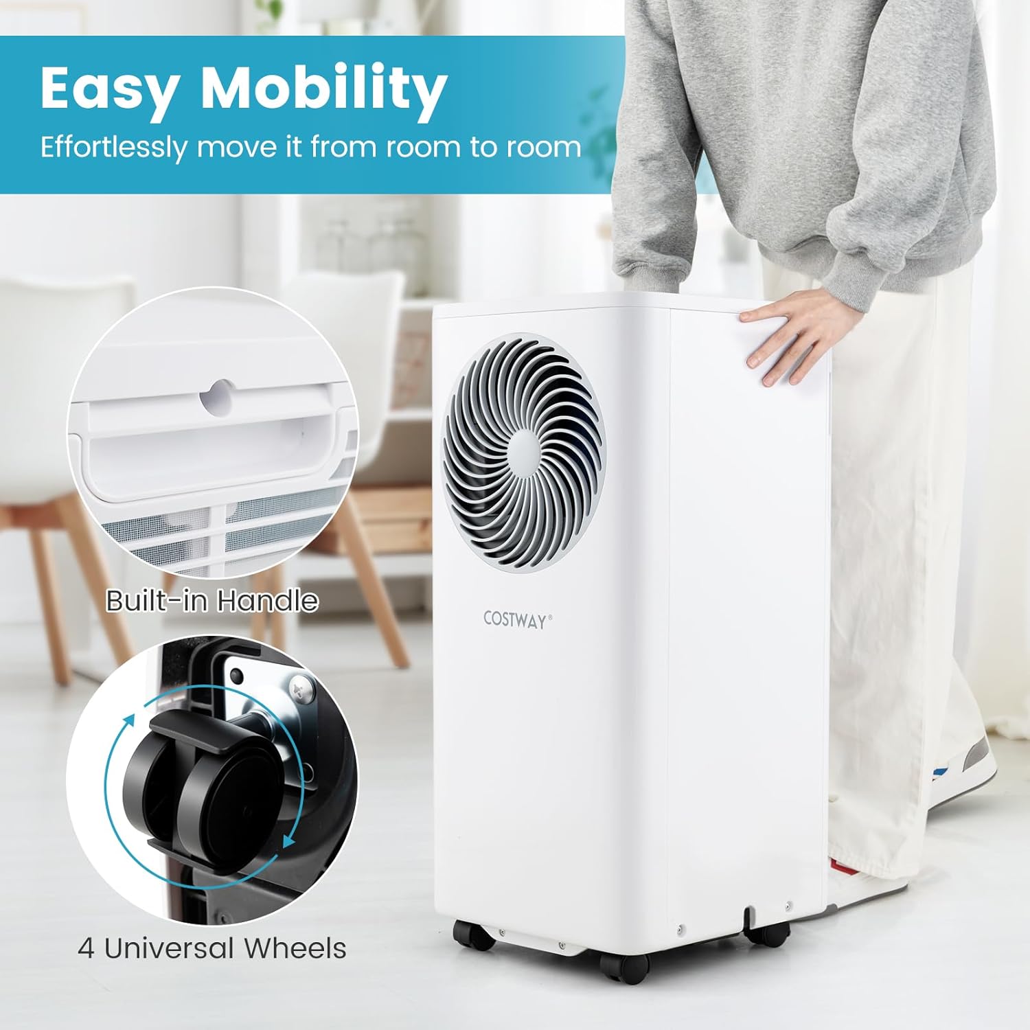 Person moving the COSTWAY portable air conditioner using its wheels and handle