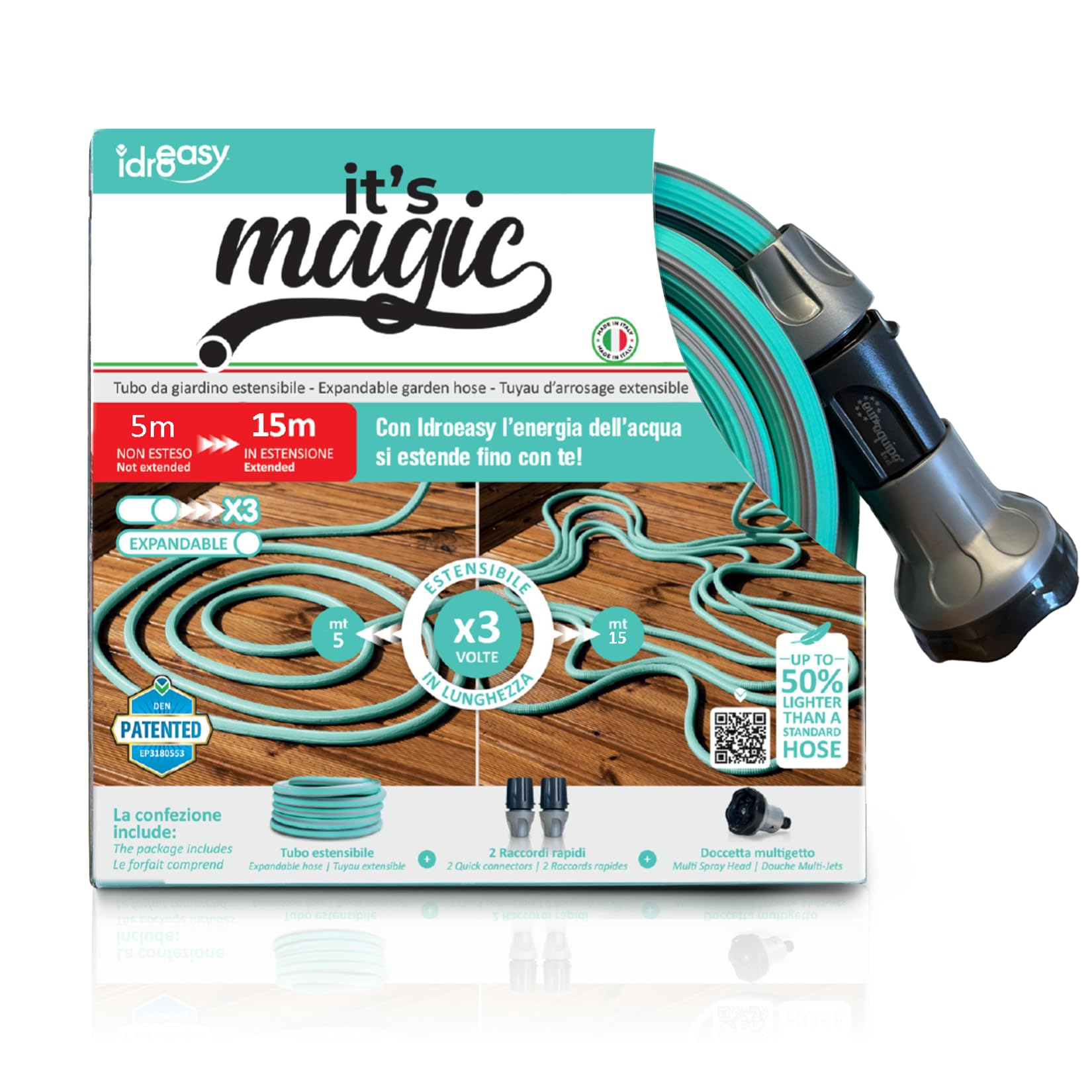 Idroeasy Expanding Magic Hose Kit 15 Metre (12mm) No Kinks, No Leaks, No Tangles, No Fabric, Includes Multi Spray Head and 2X Connectors Made in Italy