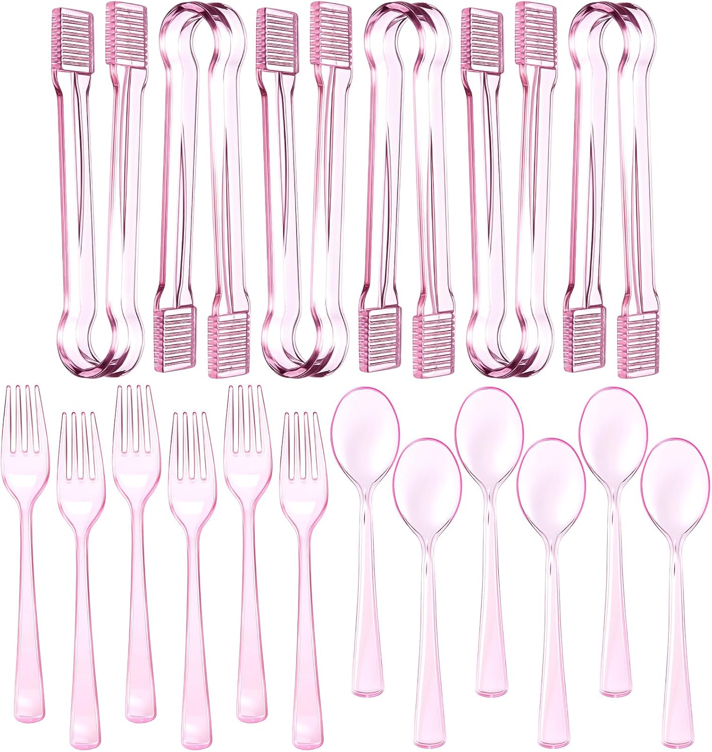 Potchen 18 Pcs Pink Plastic Silverware Set Disposable Clear Mini Serving Utensils 6 Serving Tongs 6 Spoons 6 Forks for Birthday Wedding Baby Shower Bridal Kitchen Food Ice Salad Buffet Party