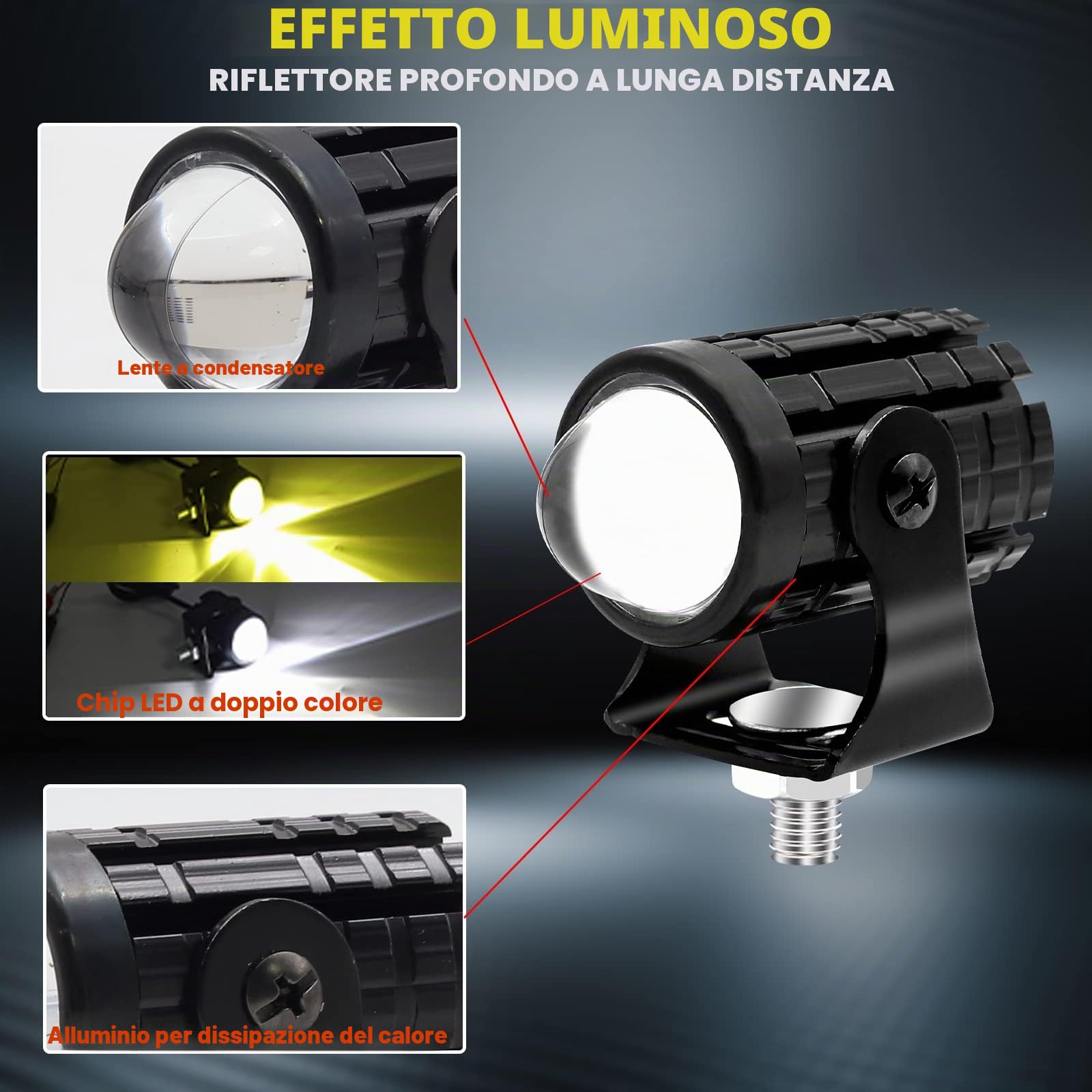 2 x luci di guida per moto con interruttore on/off, mini fari LED fendinebbia 12 W faretto, luci ausiliarie a doppio colore, 6000 K, bianco, 3000 K, giallo, per bici, ATV, UTV, camion, SUV