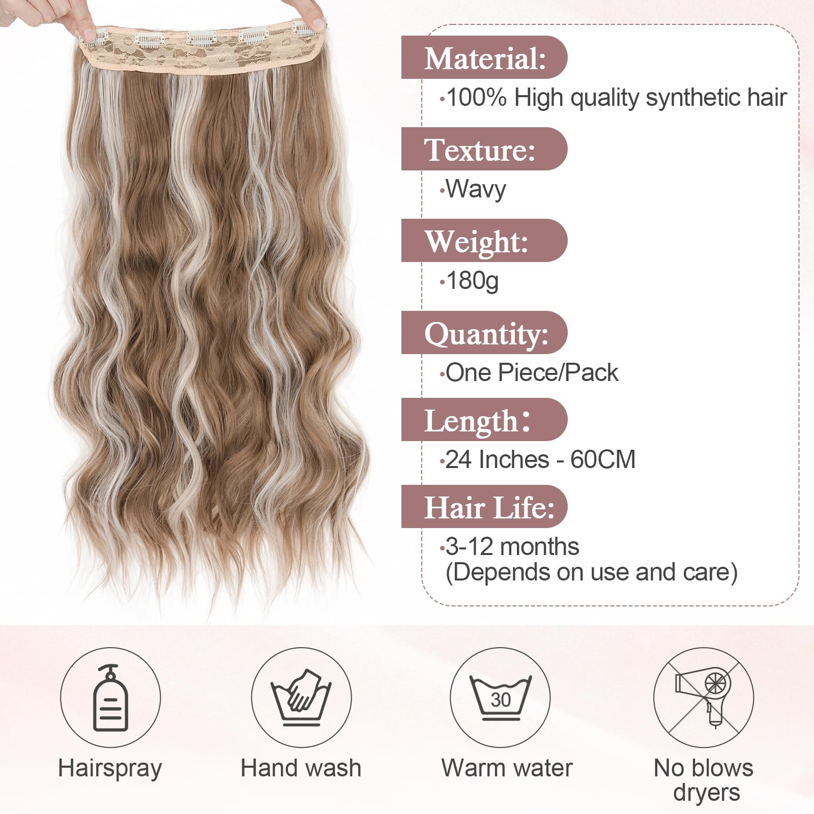 SEGO 20 Inch One Piece Clip In Hair Extensions Long Wavy Synthetic Clip In Hairpiece With 5 Secure Clips, Iced Mocha Blonde - Image 3