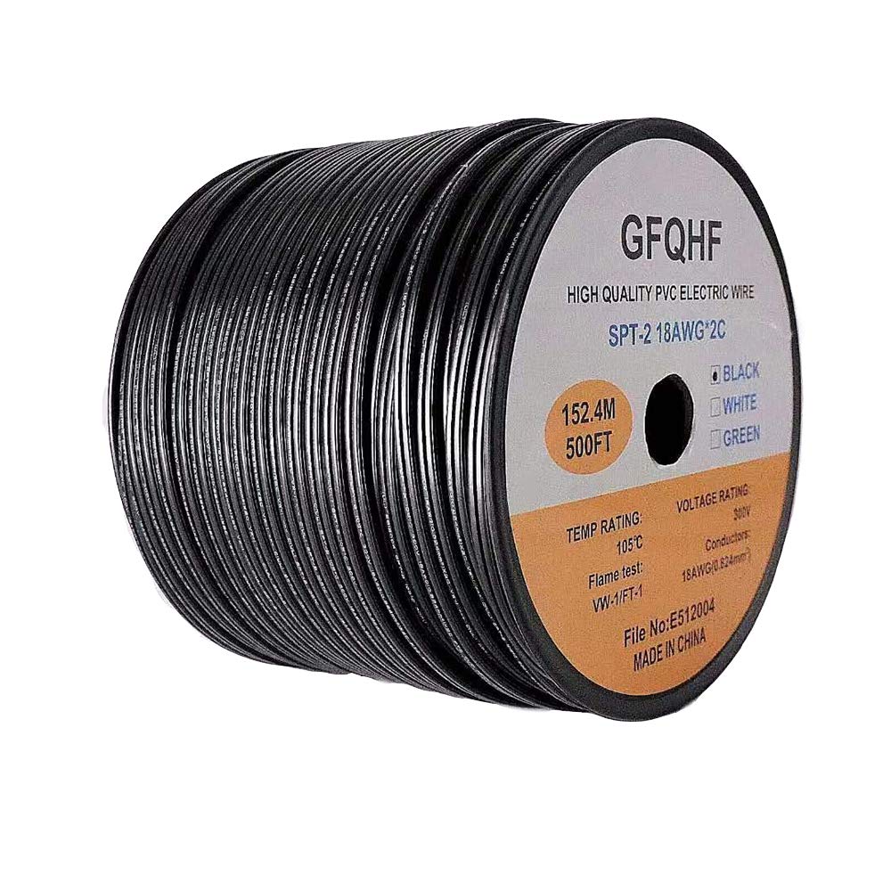 500FT Black SPT-2 Zip Cord Wire 18/2 Extension Electrical Cable, UL Listed 18 Gauge Wire, Work with SPT-2 Vampire Plug