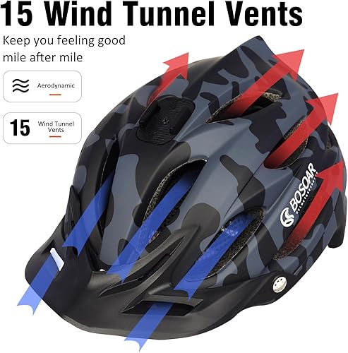 Miniatura 4 de Casco de bicicleta de montaña Bosoar, casco de ciclismo para adultos con soporte para cámara y visera desmontable para hombres, mujeres y jóvenes,