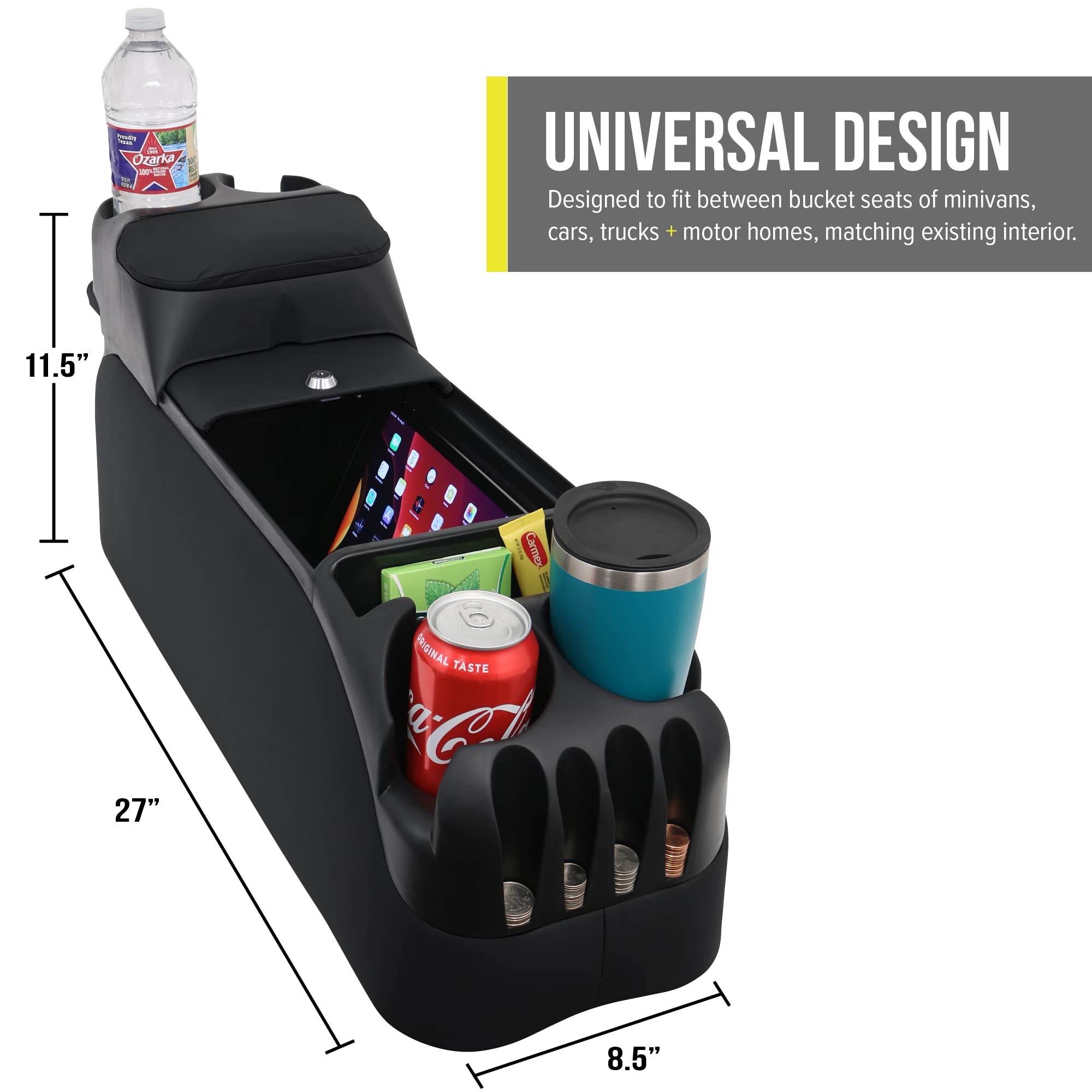 Moblorg Elite Center Console for Minivans, SUVs, Vehicle Organizer, Upholstered Vinyl, Large Storage, Extra Cup Holders, Made in USA (Black)