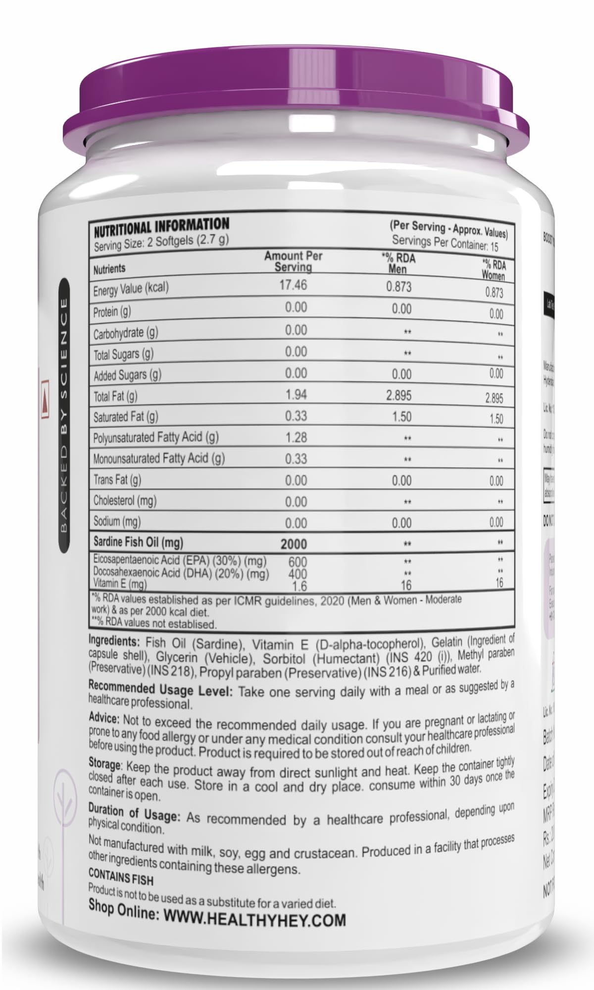 HealthyHey Nutrition Triple Strength Fish Oil - Omega 3 (2000 Mg) Burpless - 30 Softgels (600 EPA & 400 DHA)