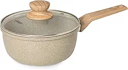 OSTER Panela Antiaderente 3L com Tampa Marble Edition - Construção em Alumínio e Revestimento Duplo de Cerâmica, Alças Revestidas em Silicone com Design de Madeira - Cinza Dust