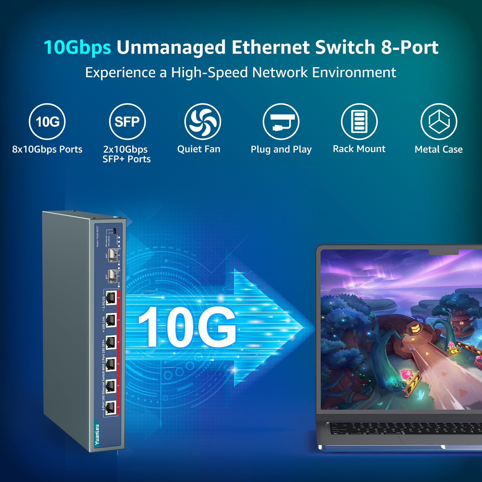 Switch Ethernet 10G de 8 Puertos YuanLey, 6 Puertos RJ45 de 10Gbps, 2 Puertos SFP+ 10Gbe, Compatible con Auto-negociación de Velocidad 10G/5G/2.5G/1G/100Mbps, Capacidad 160Gbps, Sin Gestión