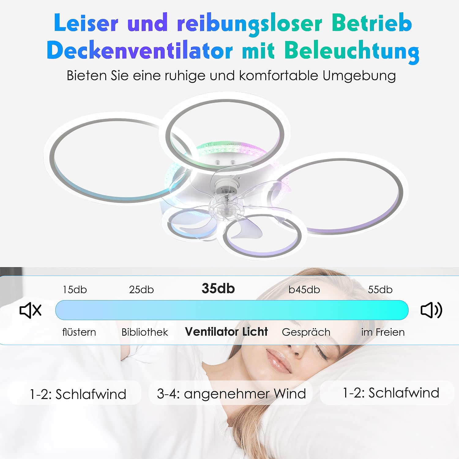 RGB LED Deckenventilator mit Licht, Leiser Ventilator dimmbar, Farbwechsel | Deckenlampe 96cm Fernbedienung, 6 Stufen, Timer & Reversierfunktion, Deckenleuchte für Schlafzimmer, Kinderzimmer Wohnzimmer