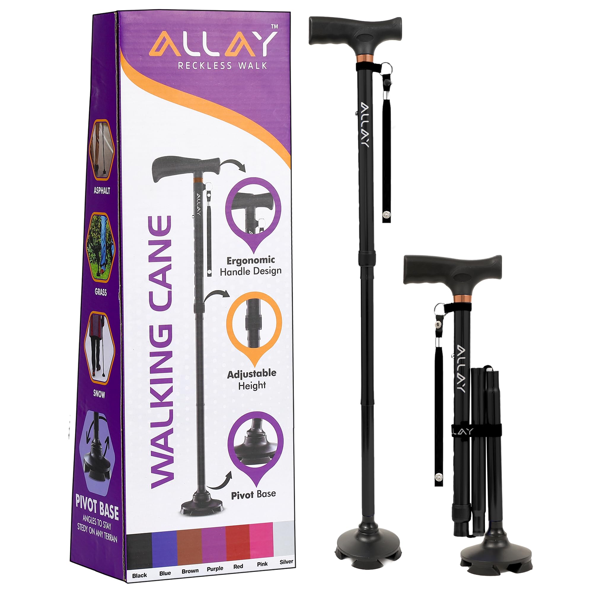 Allay Walking Cane for Men & Women - Foldable, Adjustable, Collapsible Walking Canes for Seniors Balance, Free Standing, Pivot Tip, Heavy Duty, with Travel Bag | Walking Sticks for Seniors - Black