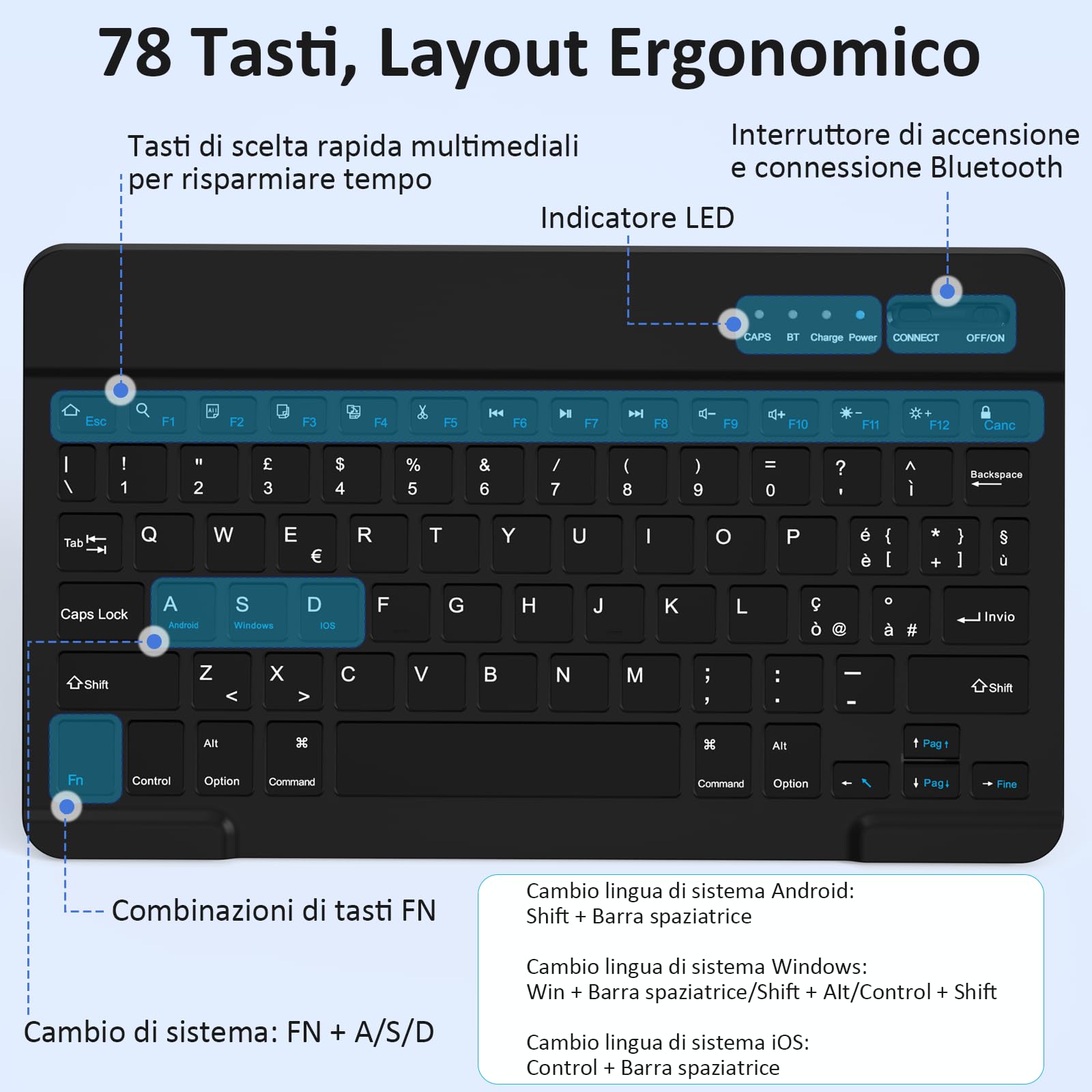 Tastiera Wireless Bluetooth Ricaricabile Ultra Sottile Compatta per Tablet Samsung, iPad, Android, Windows - Layout Italiano