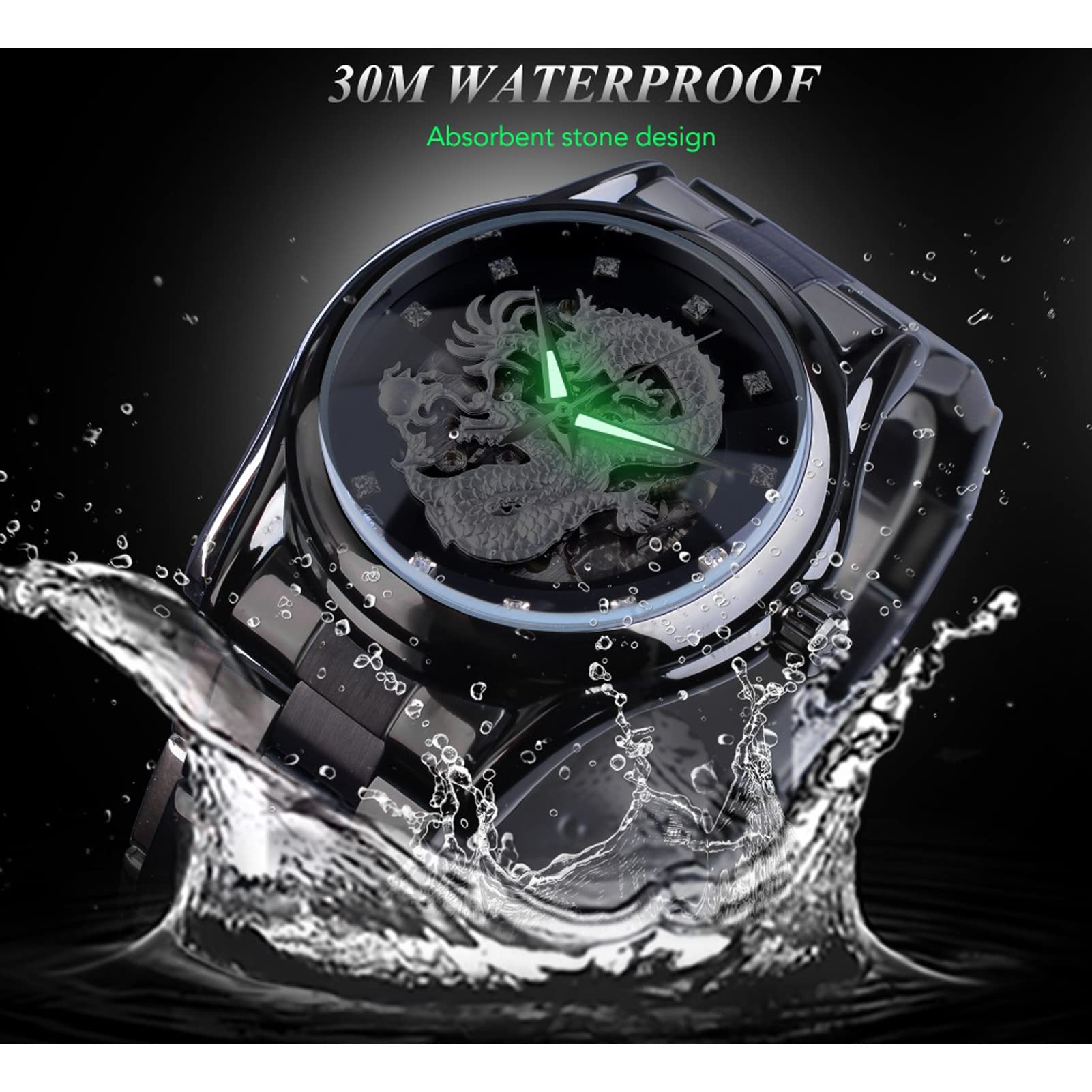 Forsining Herrenuhren, modische mechanische automatische Armbanduhr für Herren, luxuriös, Diamant, Skelett, Drachen-Design, wasserdicht, Edelstahl, schwarz/silberfarben