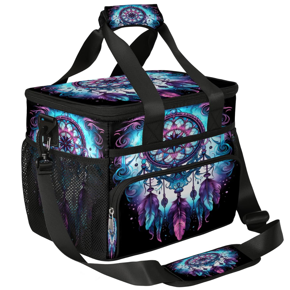Gemstones and Feathers Insulated Picnic Backpack Lunch Box for Women Men Picnic Basket Tote Lunch Bag Picnic Bag Portable Lunch Bags for Picnic, Beach, Work, Trip,Office, Camp Ethnic Dream Catcher