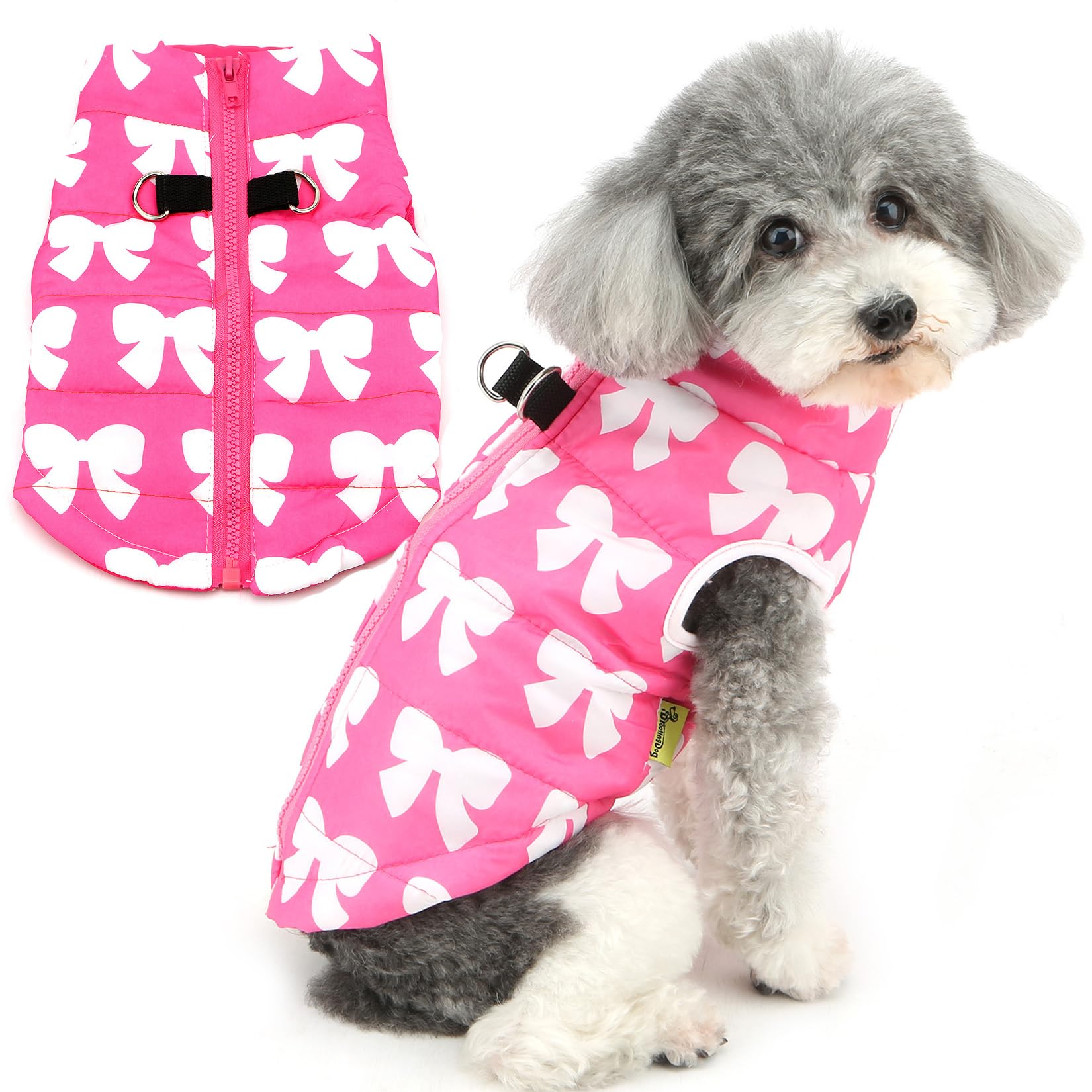Zunea Small Dog Winter Coats Waterproof Puppy Harness Jackets with D-Ring Cute Bowknot Dogs Zipper Vest Clothes XS/S Size Breed Cold Weather Pet Jacket Chihuahua Yorkie Apparel (hotpink bow, XL) — image 1