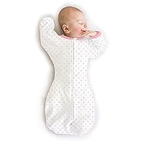 Vista 11 de SwaddleDesigns - Saco de pañales de transición con brazos arriba, mangas de media longitud y puños de mitones, color melocotón ruborizado con borde