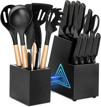 Kitchen Knife Set,18 Pieces Black Kitchen Utensils Set with Holder and Kitchen Professional Chef Knife Set for Cooking,Non-Stick Heat Resistan Silicone Utensils Set with Wooden Handle Black