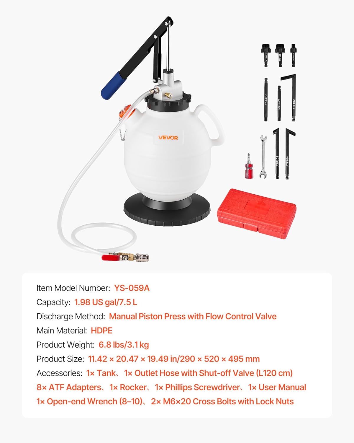 VEVOR Transmission Fluid Pump, 7.5 L Capacity, Manual Fluid Transfer Pump with 8 ATF Adapters & 47 in Outlet Horse, ATF Refill Kit, Oil Extractor Dispenser with HDPE Tank for Cars, Lawn Mowers