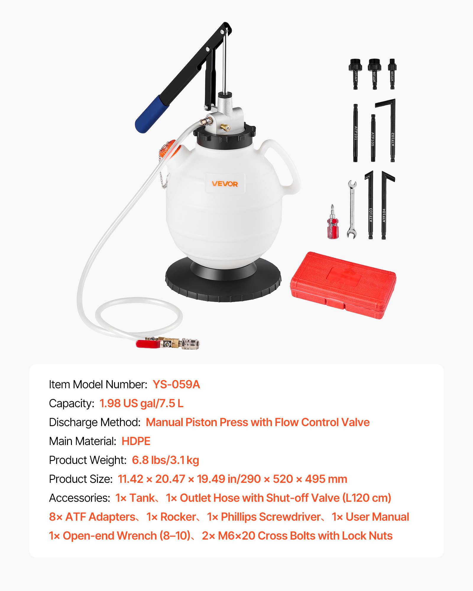 VEVOR Getriebeölpumpe, 7,5 L Fassungsvermögen, Manuelles ATF-Öleinfüllgerät mit 8 ATF-Adaptern & 120 cm Auslass, Ölabsaugpumpe mit HDPE-Tank für Autos & Rasenmäher